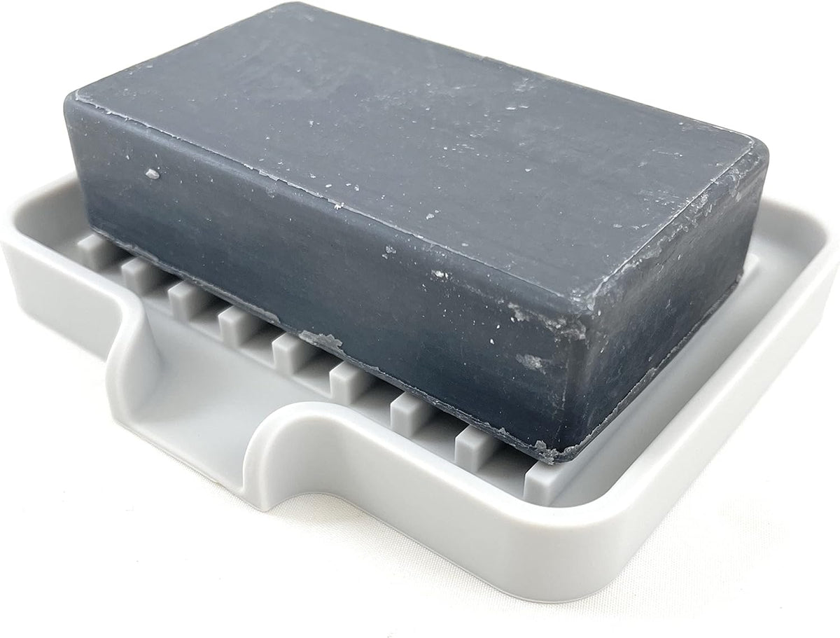 Happitasa Silicone Soap Dish Tray and Sponge Holder with Drain Chute, Pack of 2 | Bathroom and Kitchen Sink Organizer Caddy (Light Grey, 5.2"x4", 7.2 Ounces)