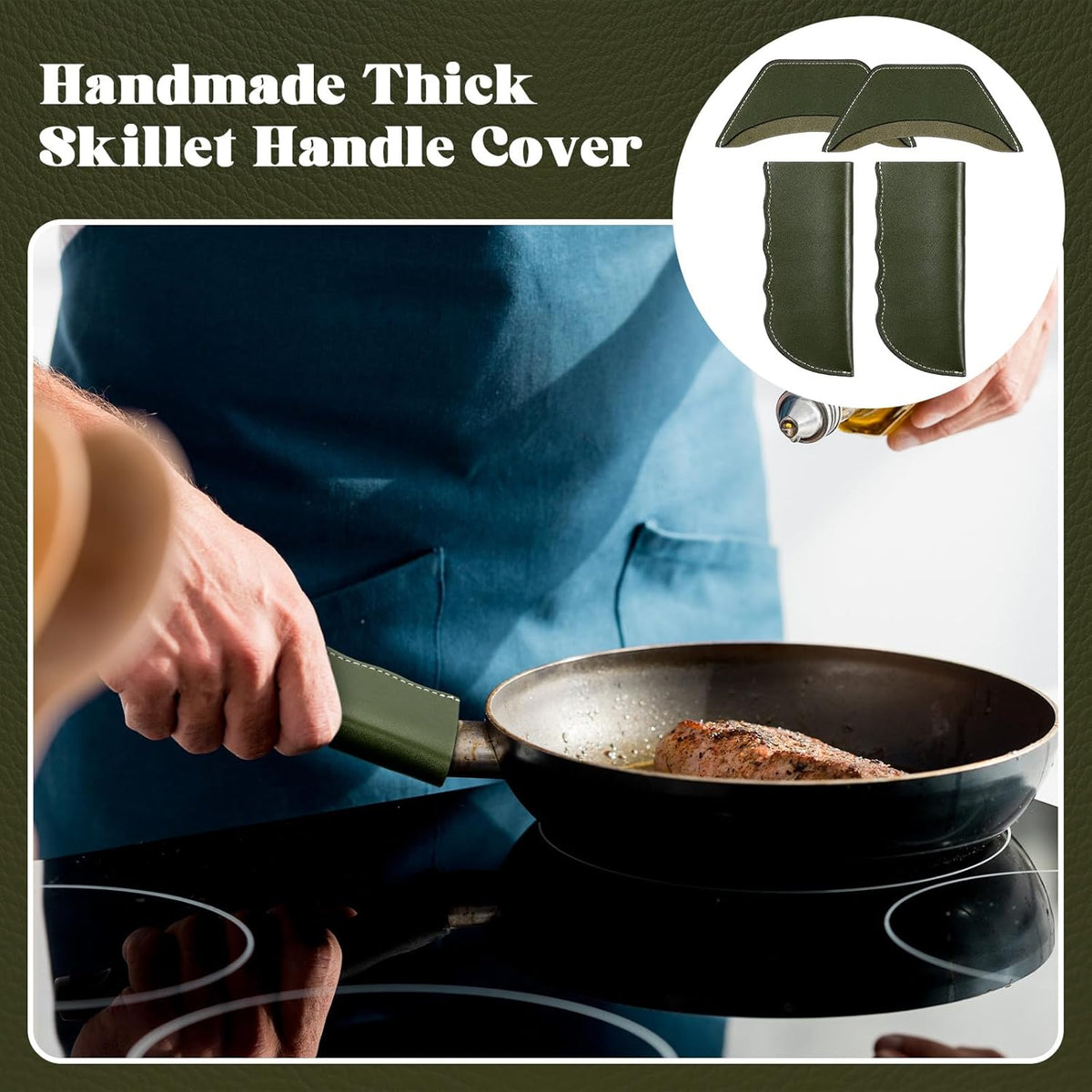Baderke 4 Pcs Leather Cast Iron Handle Cover Handmade Leather Heat Resistant Skillet Handle Set Pot Holder for Hot Frying Pans, Pots(Army Green)