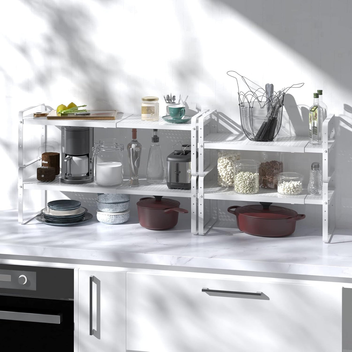 Expandable Cabinet Shelf Organizer Adjustable Metal Spice Rack Stackable Freestanding Counter Storage Shelves for Kitchen Cabinet Under Sink Office Desk (White - 2Pack - L16.5-27'' * W10.2'' * H9.6'')