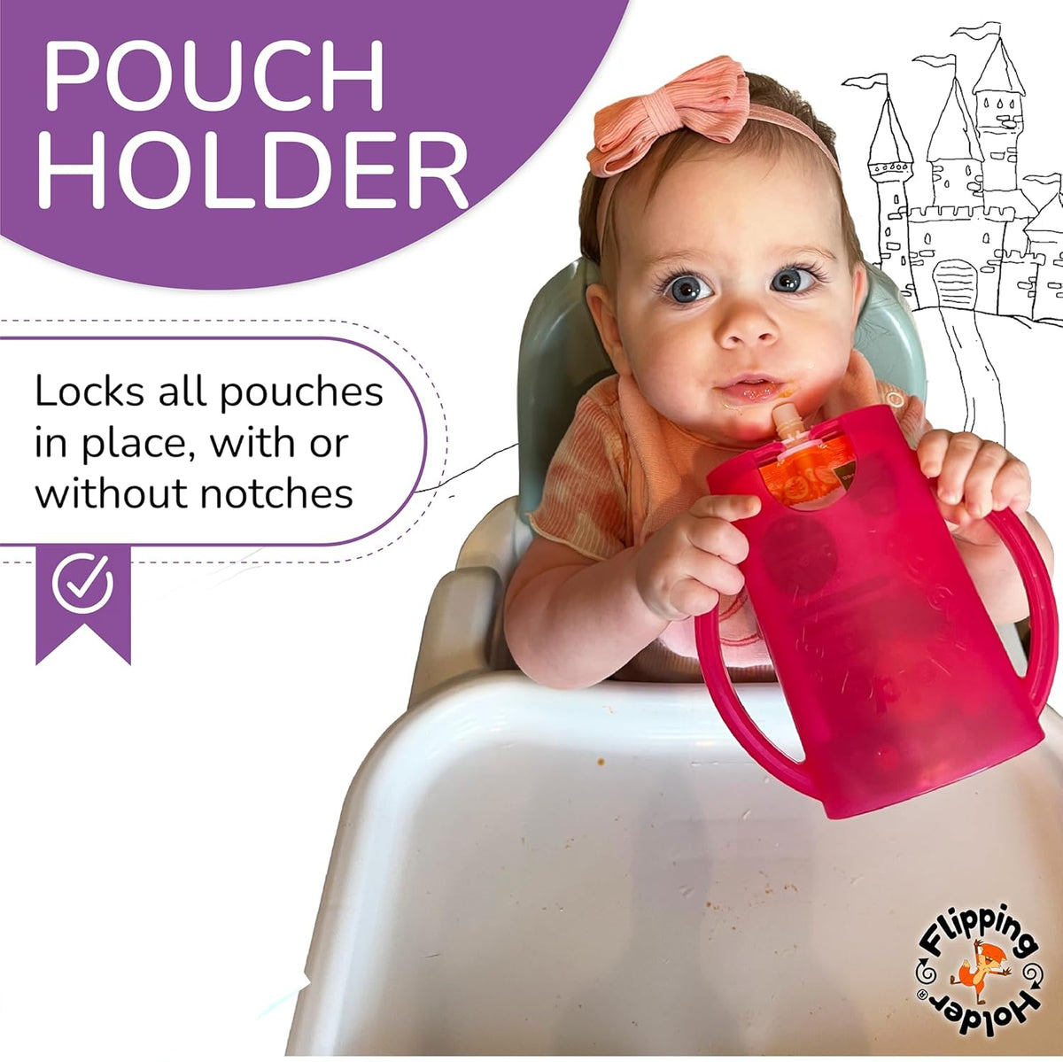 2-in-1 Baby Food Pouch & Juice Box Holder (2-pack) - No-Squeeze, Food-Safe Container with easy-grab Handles & Lid Fits GoGo, Capri Sun, Juice, Yogurt, & More