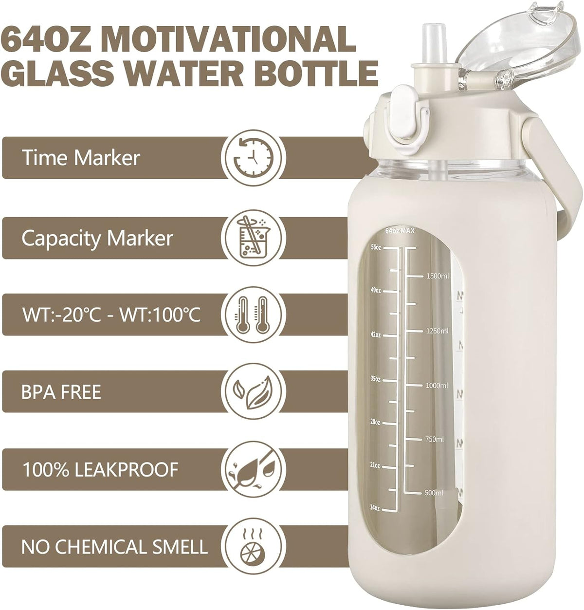 kytffu 64oz Glass Water Bottles with Straw, Half Gallon Motivational Glass Bottle with Silicone Sleeve and Time Marker, 2L Leakproof Large Glass Water Jug for Gym Home Office,White