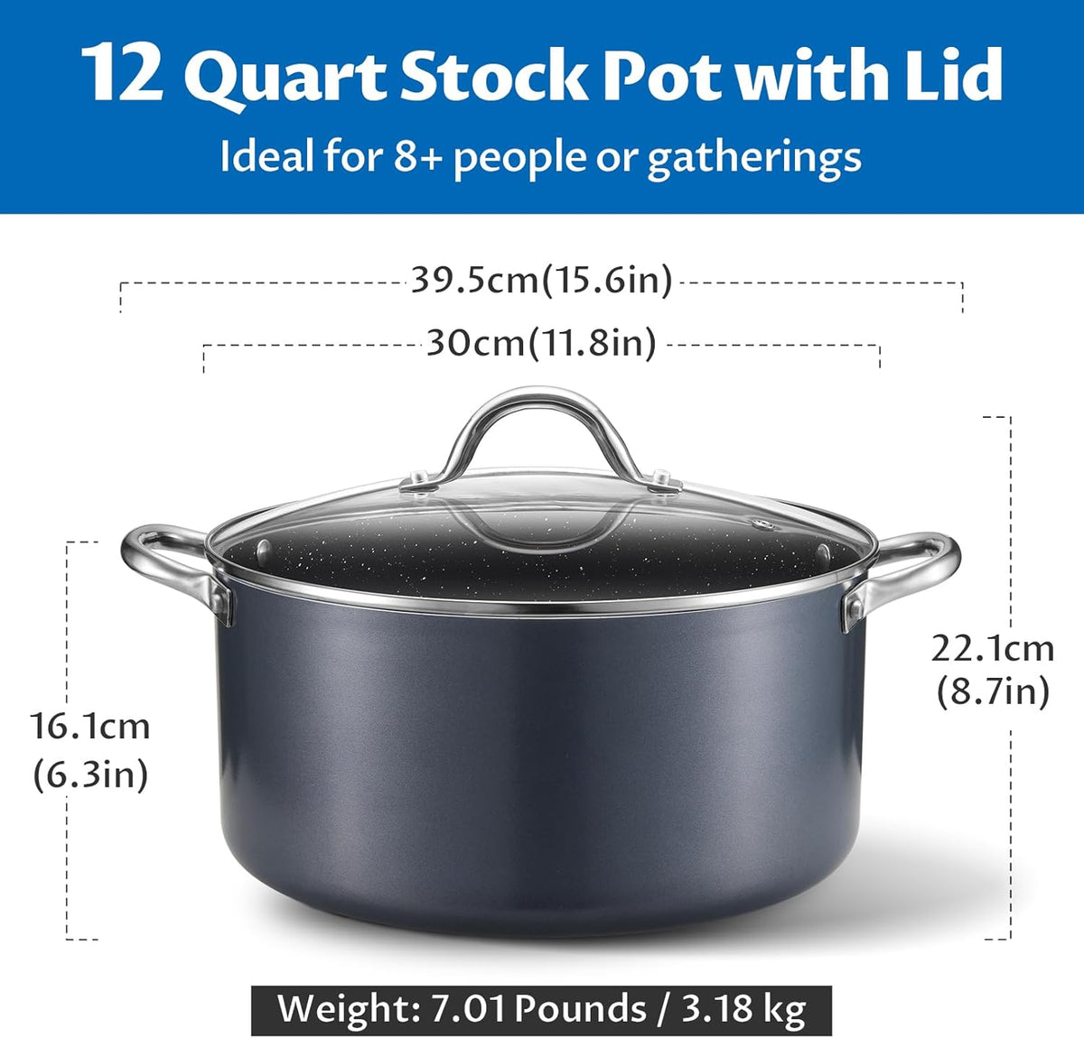 BEZIA 12 Quart Cooking Pot, Large Non Stick Induction Stock Pots with Lid, All Stove Compatible, 12 QT Aluminum Soup/Stew Pot For Big Gatherings, Grey