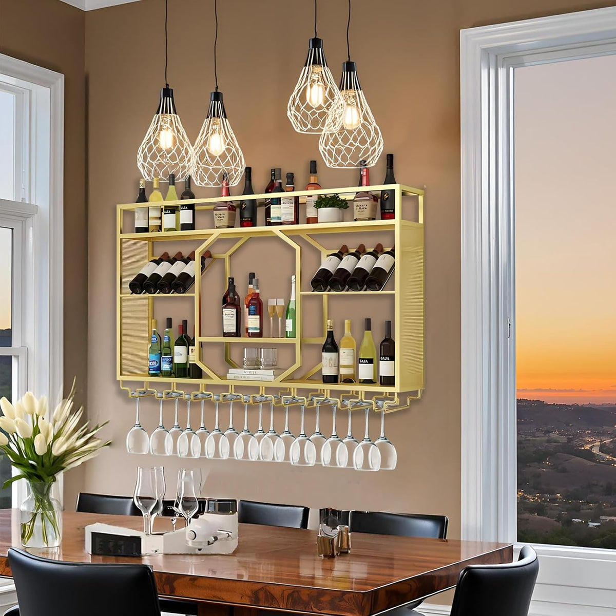 Wall Mounted Wine Rack, 3-Tiers Metal Bar Bottle Holder, Modern Wine Glass Storage Display Shelves, Wall Wine Rack for Kitchen Bar Dining Rooms Decoration ﻿ (Gold, 63in/160cm)