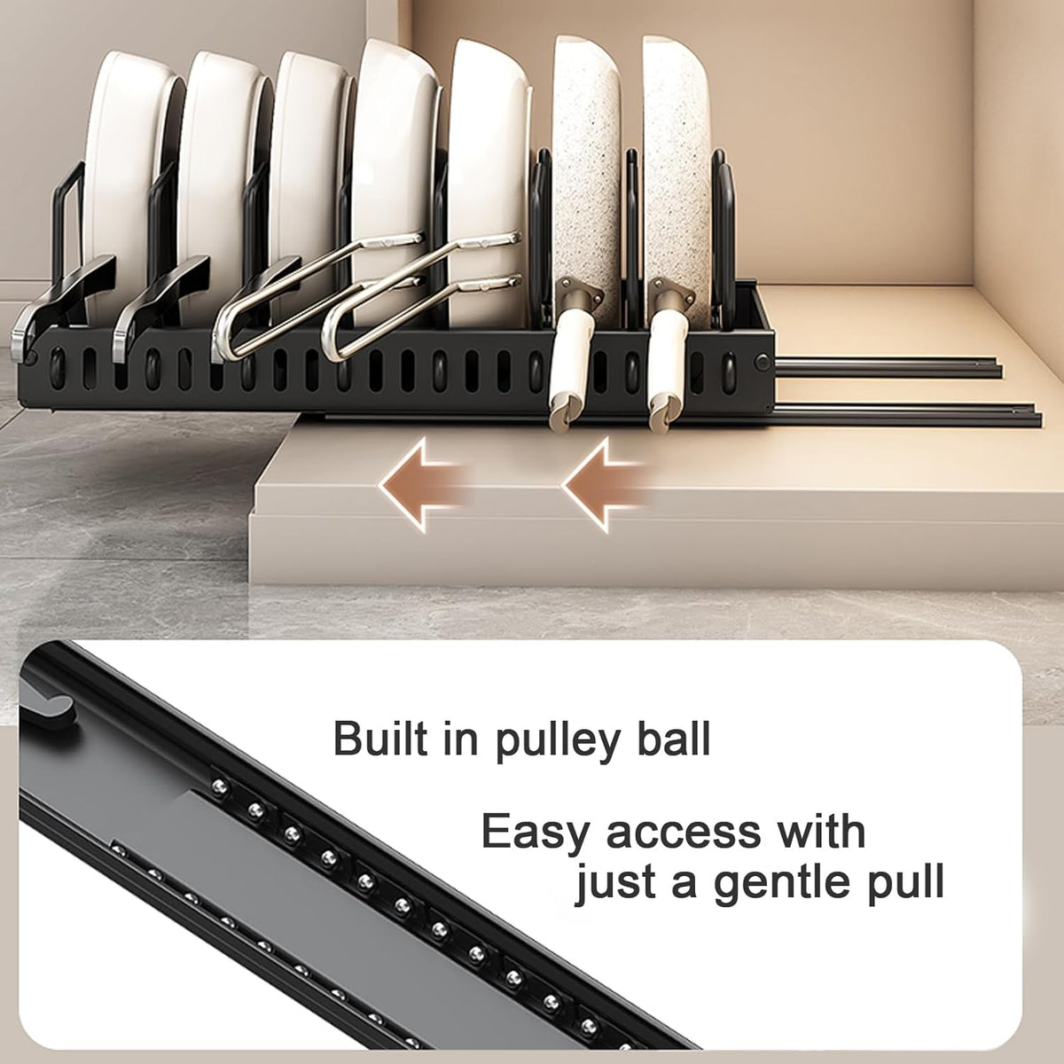 Pots and Pans Organizer Under Cabinet, Sliding Pot Lid Holder and Pan Rack in Kitchen, Pull out Pot and Pan Organizer, for Pot Lid, Bakeware, Dishes, Pots and Pans Storage