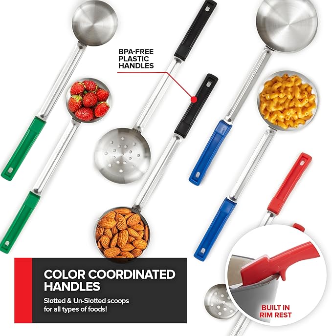 Portion Control Serving Spoons (Set of 8), Slotted & Unslotted Portion Scoops for Food, Heavy Duty Stainless Steel Utensils for Portion Control, 2, 4, 6, and 8oz Scoops for Portion Perfection