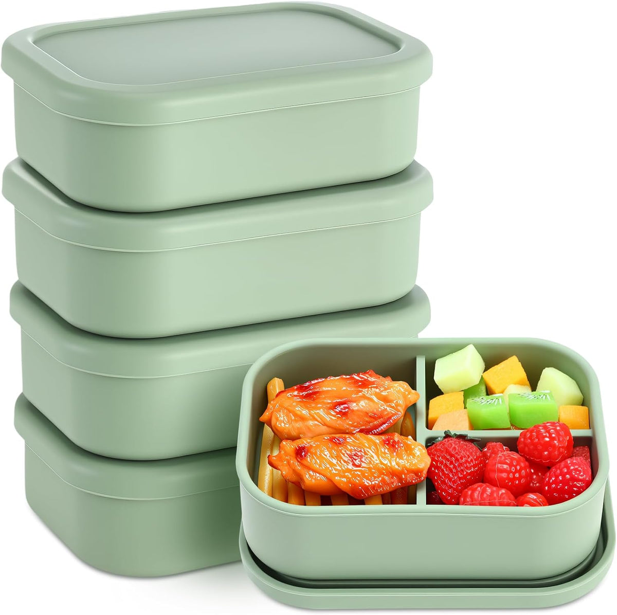 Honeydak 4 Pcs Silicone Bento Lunch Box 3 Compartment Reusable Leakproof Silicone Bento Lunch Container for Adults Microwave Dishwasher Freezer Safe(Olive Green)
