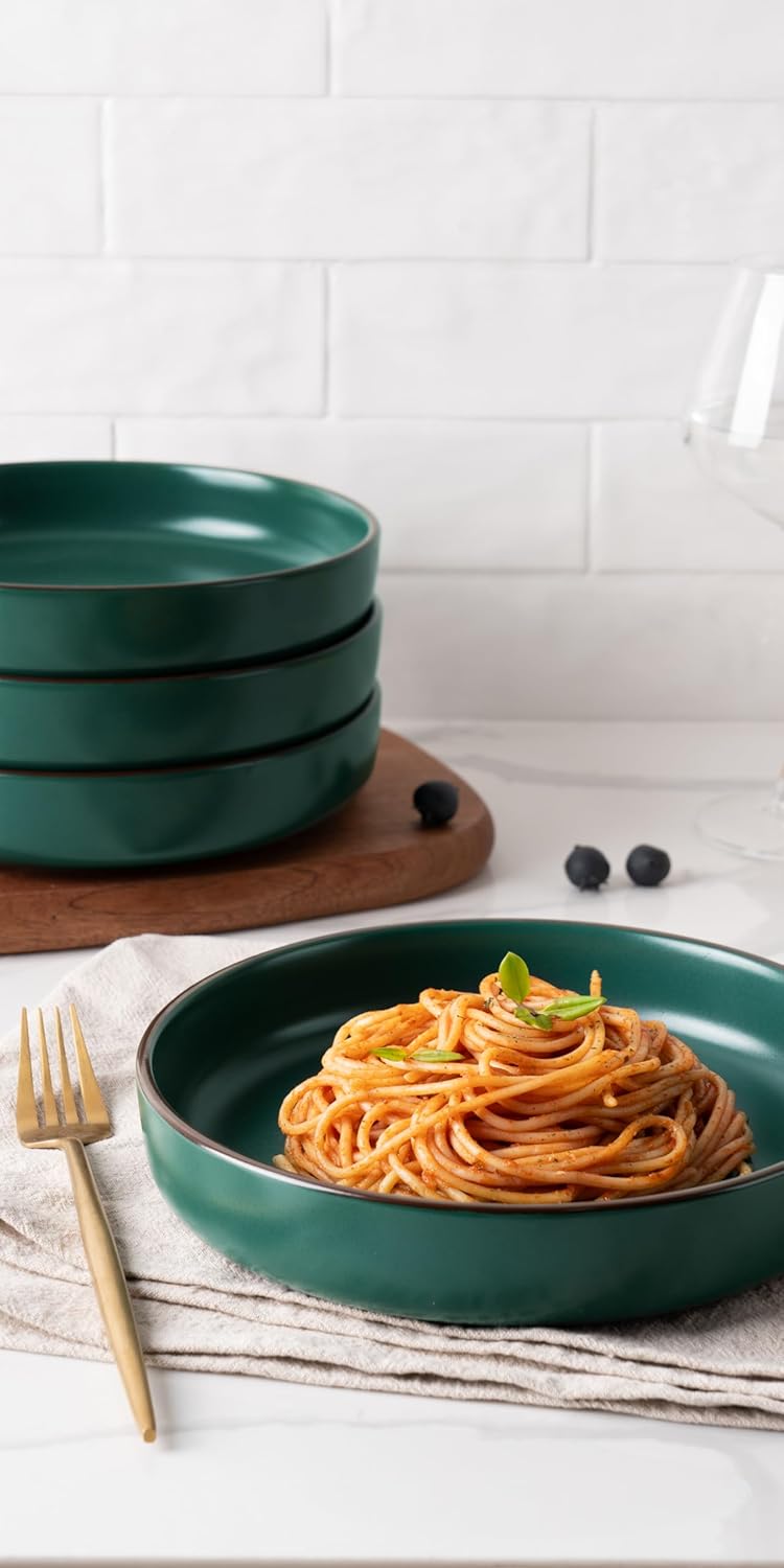 famiware Mercury Pasta Bowls Set of 4, 33 oz Large Salad Bowls, Stoneware Pasta Plates Bowls, Serving Bowls for Kitchen, Microwave & Dishwasher Safe, Dark Green