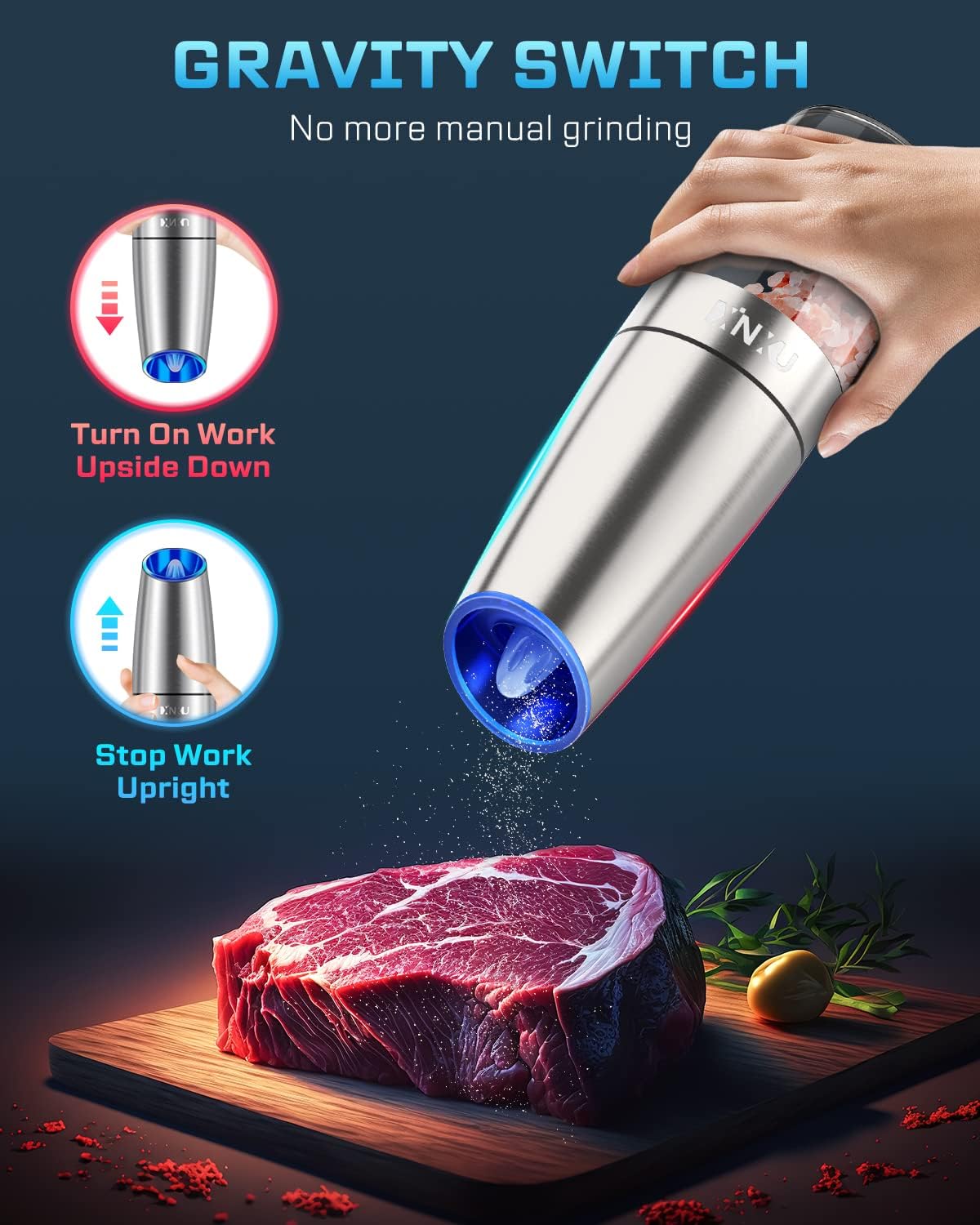 Gravity Electric Salt and Pepper Grinder Set, Automatic Mill Grinder,Battery-Operated with Adjustable Coarseness, Premium Stainless Steel with LED Light, One Hand Operated