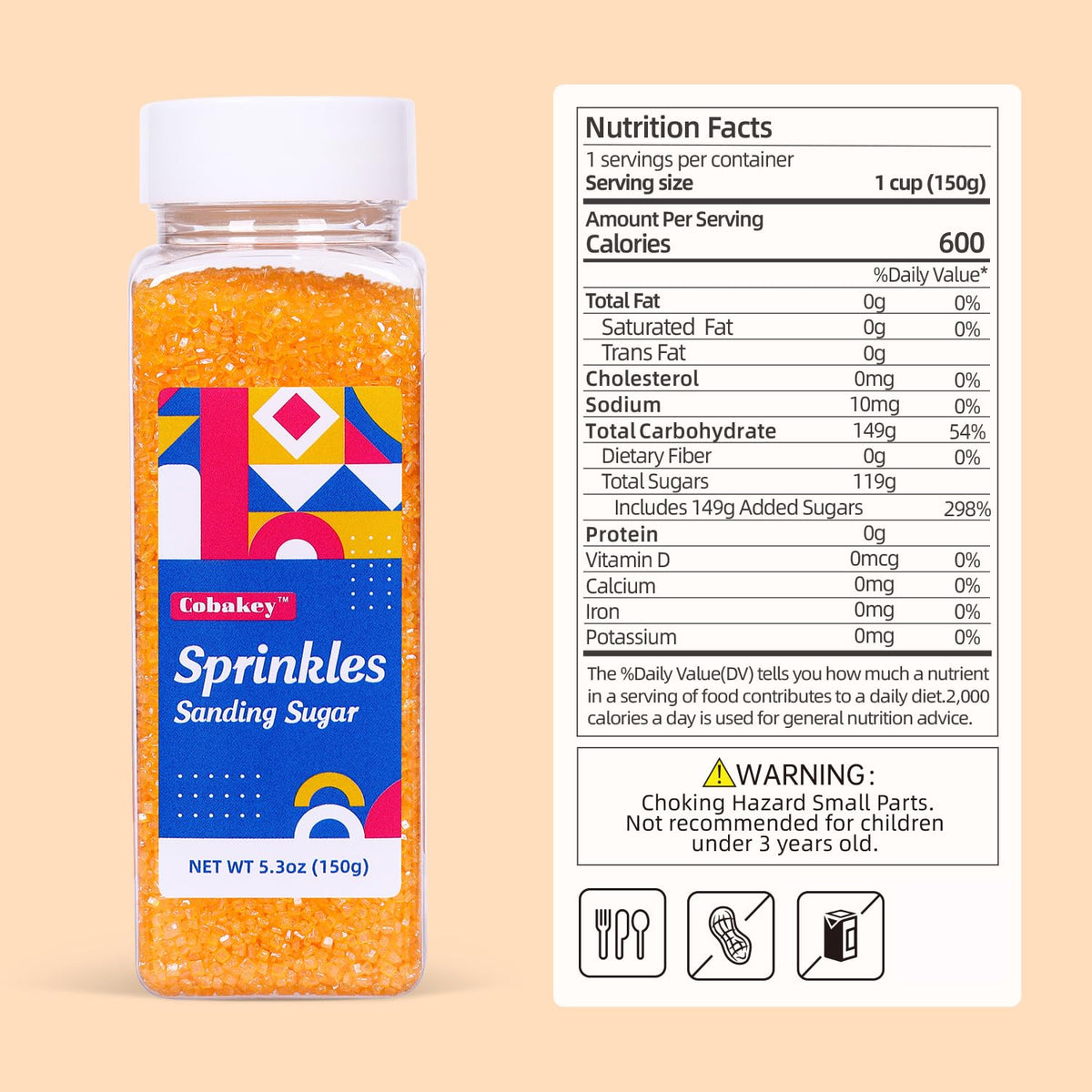 Orange Sanding Sugar for Baking Edible Sparkling Sprinkles Coarse Sugar Crystals for Easter Cake Decoration Cookie Cupcake Topper Ice Cream Topping Supplies 150g/5.3oz