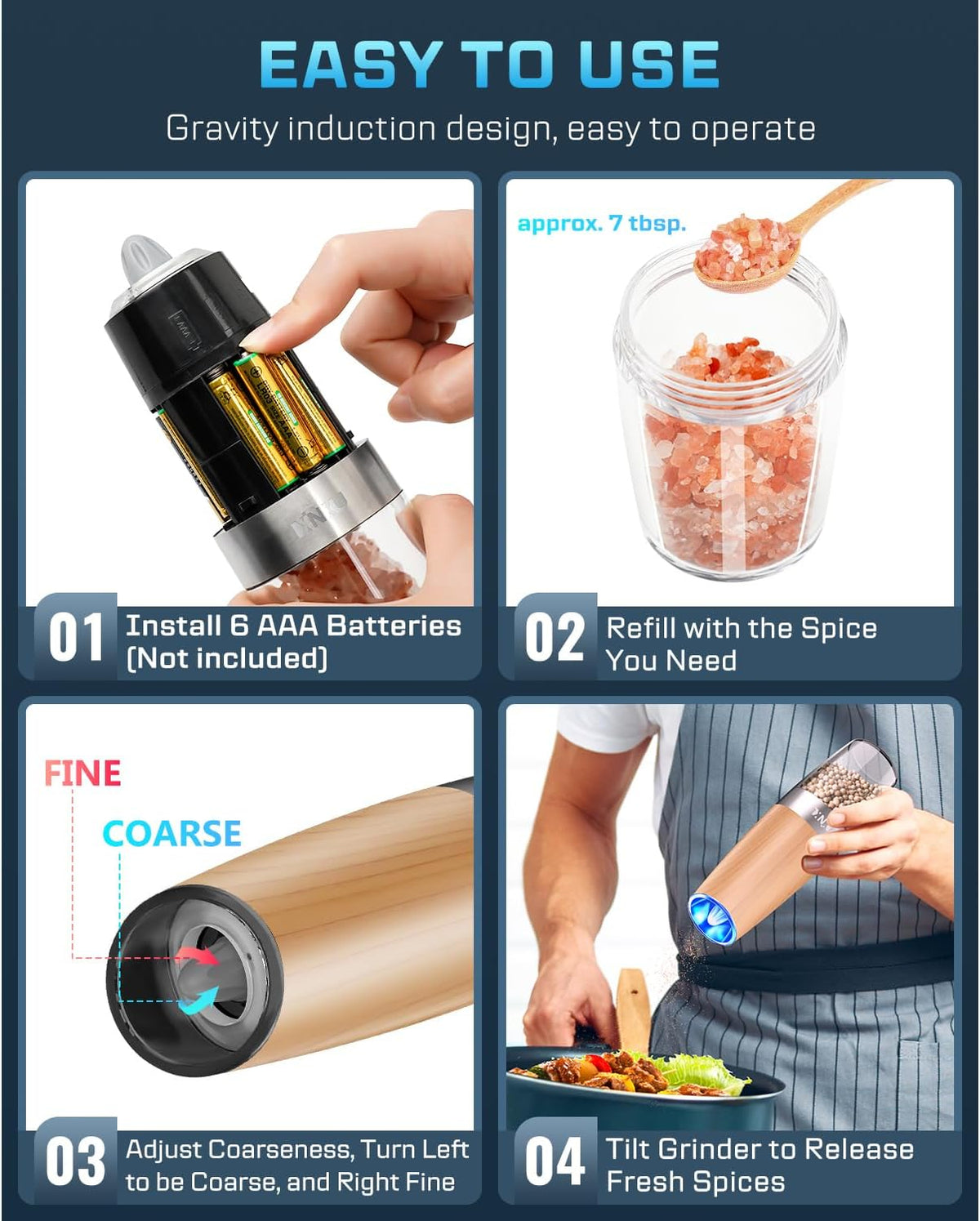 XinXu Gravity Electric Pepper and Salt Grinder Set, Automatic Mill Grinder Shaker,Battery-Operated, Adjustable Coarseness, Stainless Steel, LED Light, One Hand Operated,Wood Grain