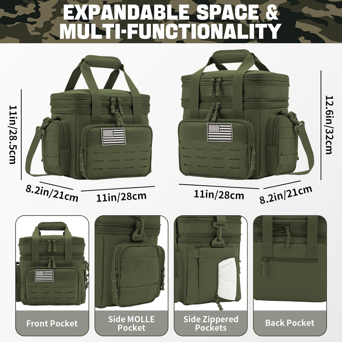 QT&QY Tactical Lunch Box for Men Expandable 18L Heavy Duty Military Insulated Cooler Bag, Leakproof Thermal Lunch Bag for Work Camping Outdoor Picnic Pail Adult Meal MOLLE Webbing Green