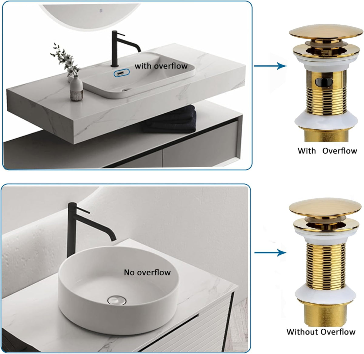 Bathroom Sink Drain, 2 Pack Gold Drain Stopper Bathroom Sink with Overflow, Pop Up Drain Assembly with Detachable Strainer Basket, Built-in Anti-Clogging Strainer,Stainless Steel