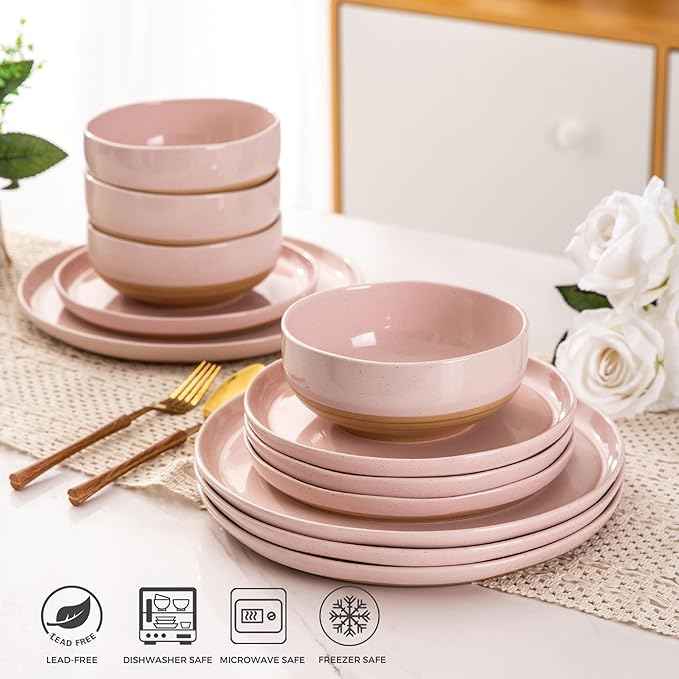AmorArc Ceramic Dinnerware Sets for 4, 12 Pieces Handpainted Plates and Bowls Set with Rustic Terracotta Underside, Scratch Resistant Stoneware Dishes Set, Dishwasher & Microwave Safe, Cloud Pink