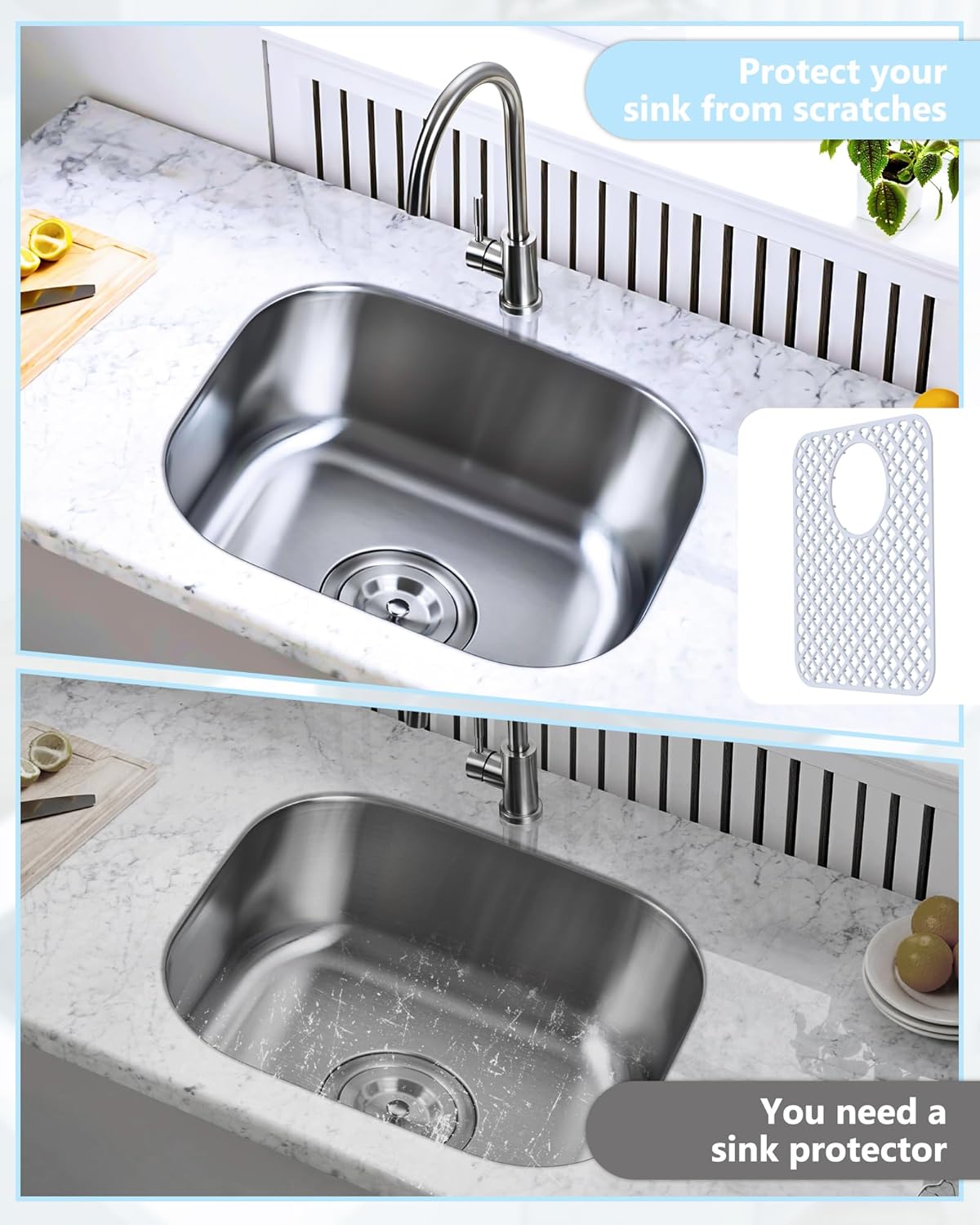 2 Pack Silicone Sink Protectors for Kitchen Sink, Lozenge Pattern 13 x 11 Inches Sink Mat, Non-Slip and Durable Sink Protector Silicone, Rear Drain, White
