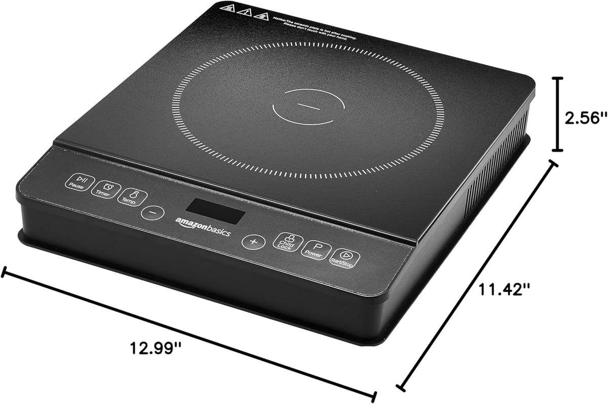 Amazon Basics 1800W Electric Portable Induction Cooktop, Induction Burner with Child Lock, Overheat Protection, Timer, 8 Power Settings, Up to 440°F, for Cookware with Diameter 5.7"-8.2", Black