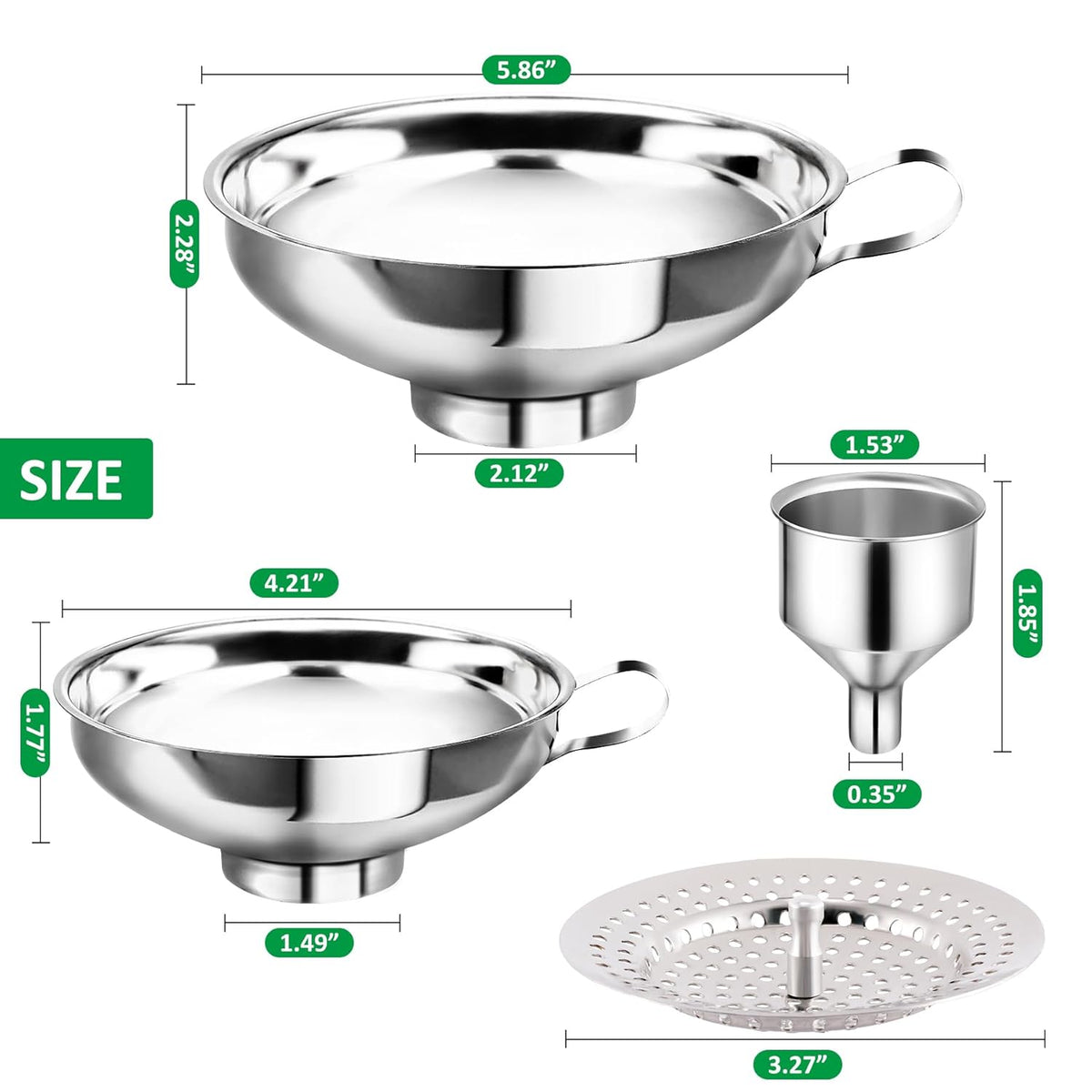 Canning Funnel with Strainer, Food Grade Funnel for Kitchen Use, Metal Large & Small Wide Mouth Funnels for Mason Jars, Stainless Steel & Dishwasher Safe