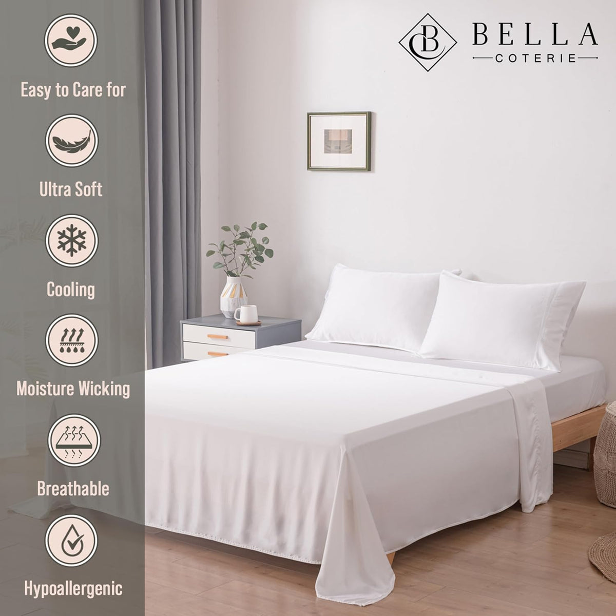 Bella Coterie Luxury Bamboo Viscose Queen Size Sheet Set | 100% Organically Grown | Ultra Soft | Cooling for Hot Sleepers | 18" Deep Pocket [White]