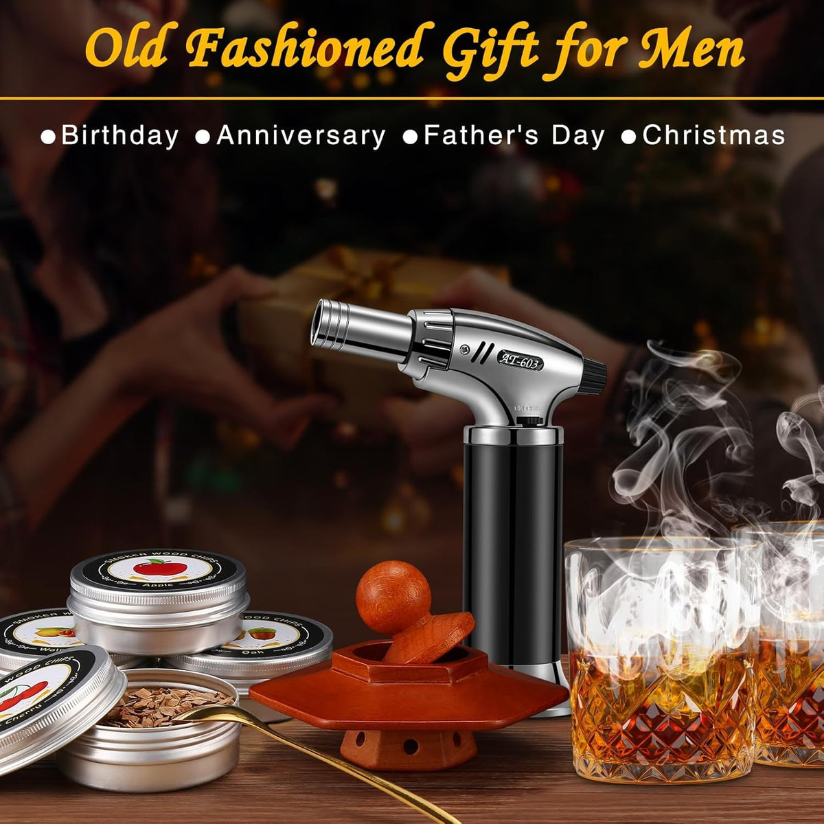 Whiskey Smoker Kit with Torch - Cocktail Smoker Infuser Kit, Old Fashioned Drink Smoker Kit, Anniversary and Birthday Bourbon Whiskey Gifts for Men, Dad, Husband, Boyfriend (No Butane)