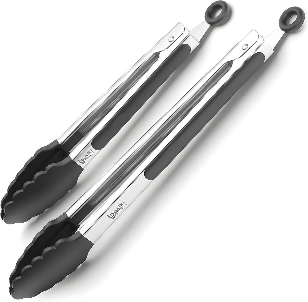 Kitchen Tongs for Cooking with Silicone Tips by Boxiki Kitchen, BPA Free Stainless Steel set of 2 Silicone Tongs for Cooking, Grilling & Toss a Salad, Heat Resistant Grill Tongs for Serving Food.