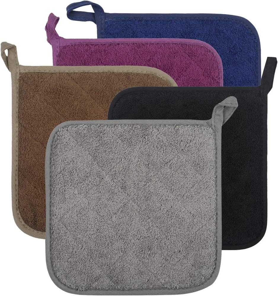 100% Cotton Kitchen Everyday Basic Terry Pot Holder Heat Resistant Coaster Potholder for Cooking and Baking Set of 5 (Multi Color 2, Potholder)