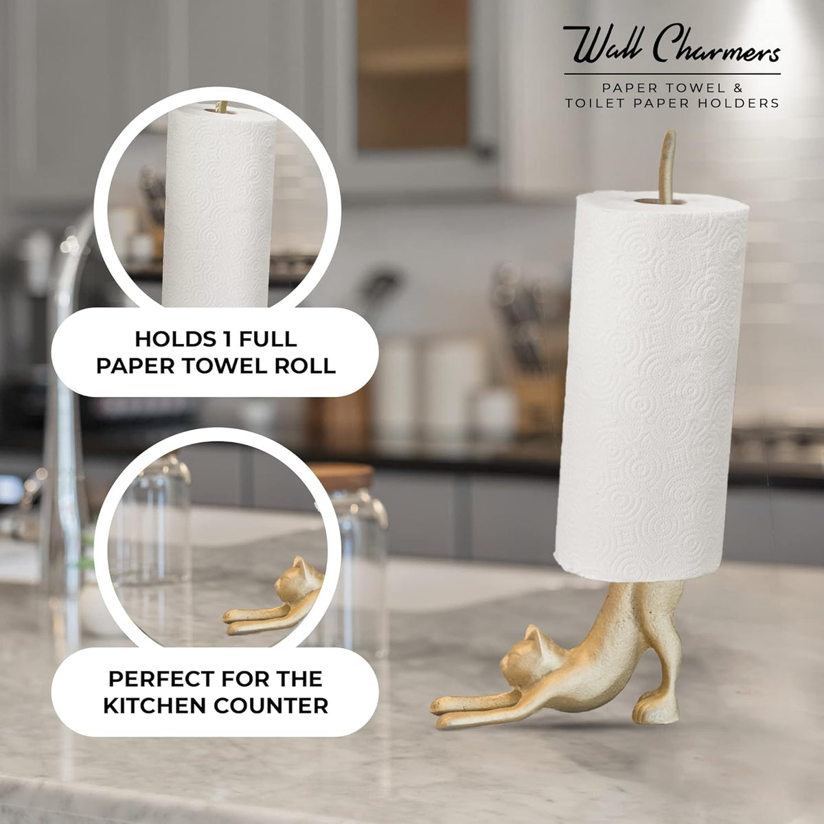 WallCharmers Gold Paper Towel Holder, Metal Toilet or Kitchen Paper Holder for Floor or Countertop, Gold Cat
