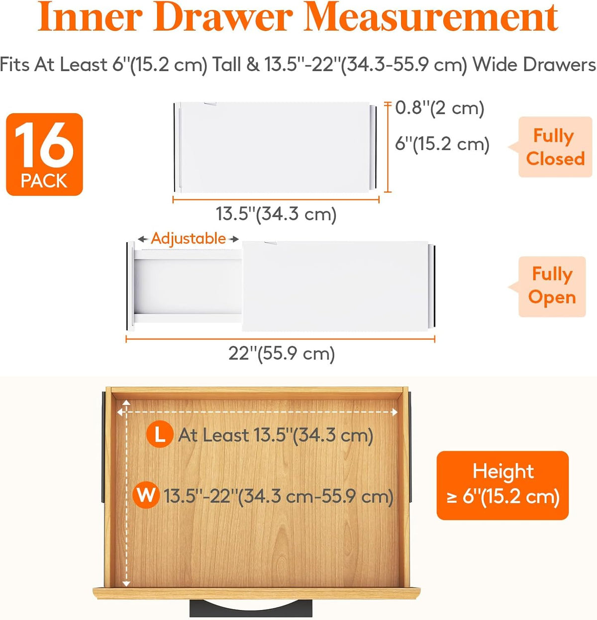 Lifewit 16 Pack Drawer Dividers Plastic 6" High, 13.5-22" Adjustable Drawer Organizers for Clothes, Expandable Dresser Separators in Bedroom/Bathroom/Kitchen/Vanity/Office Organization and Storage