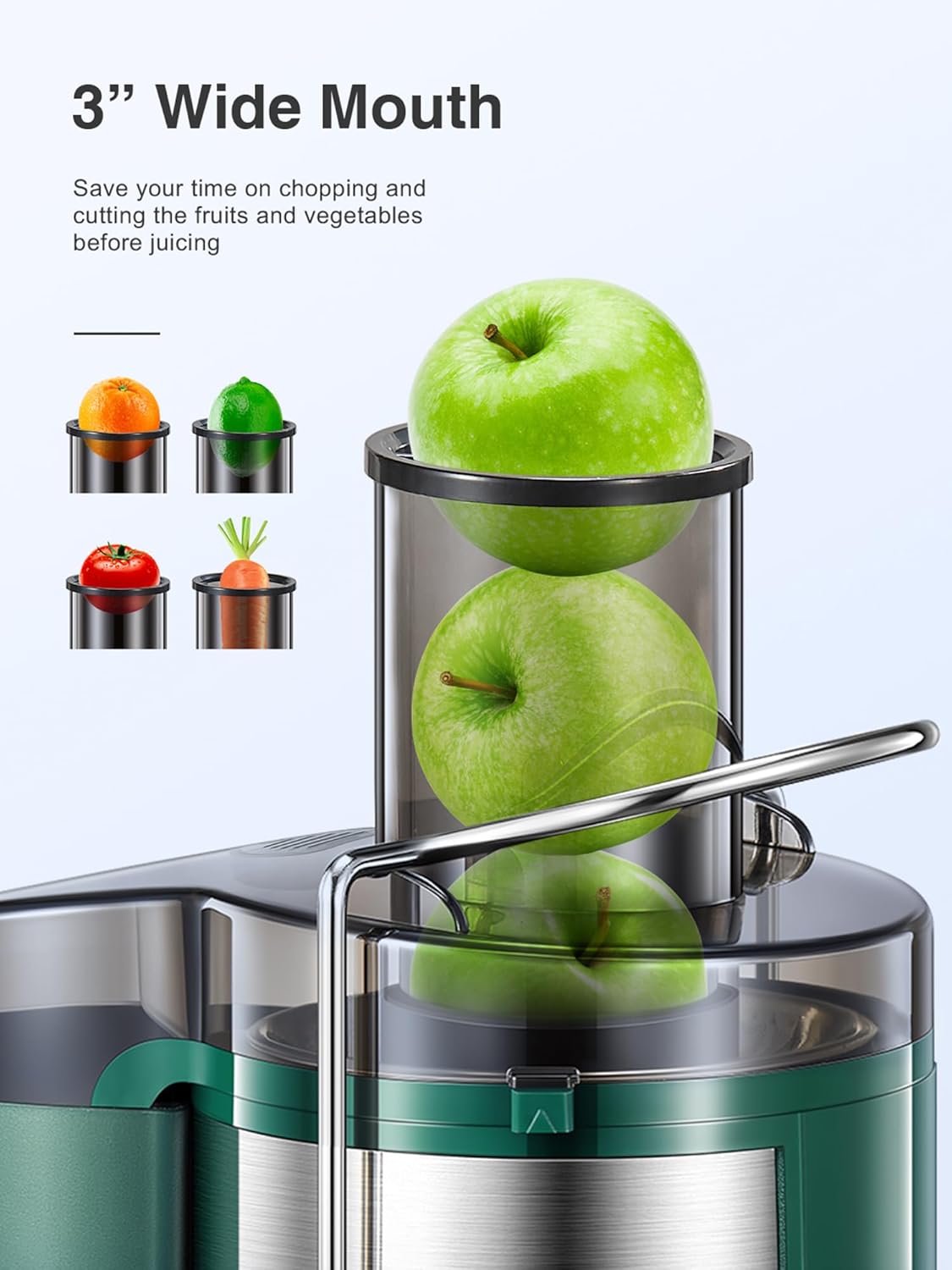 Juicer Machine, 800W Centrifugal Juicer Extractor with Wide Mouth 3” Feed Chute for Fruit Vegetable, Easy to Clean, Stainless Steel, BPA-free (Green)