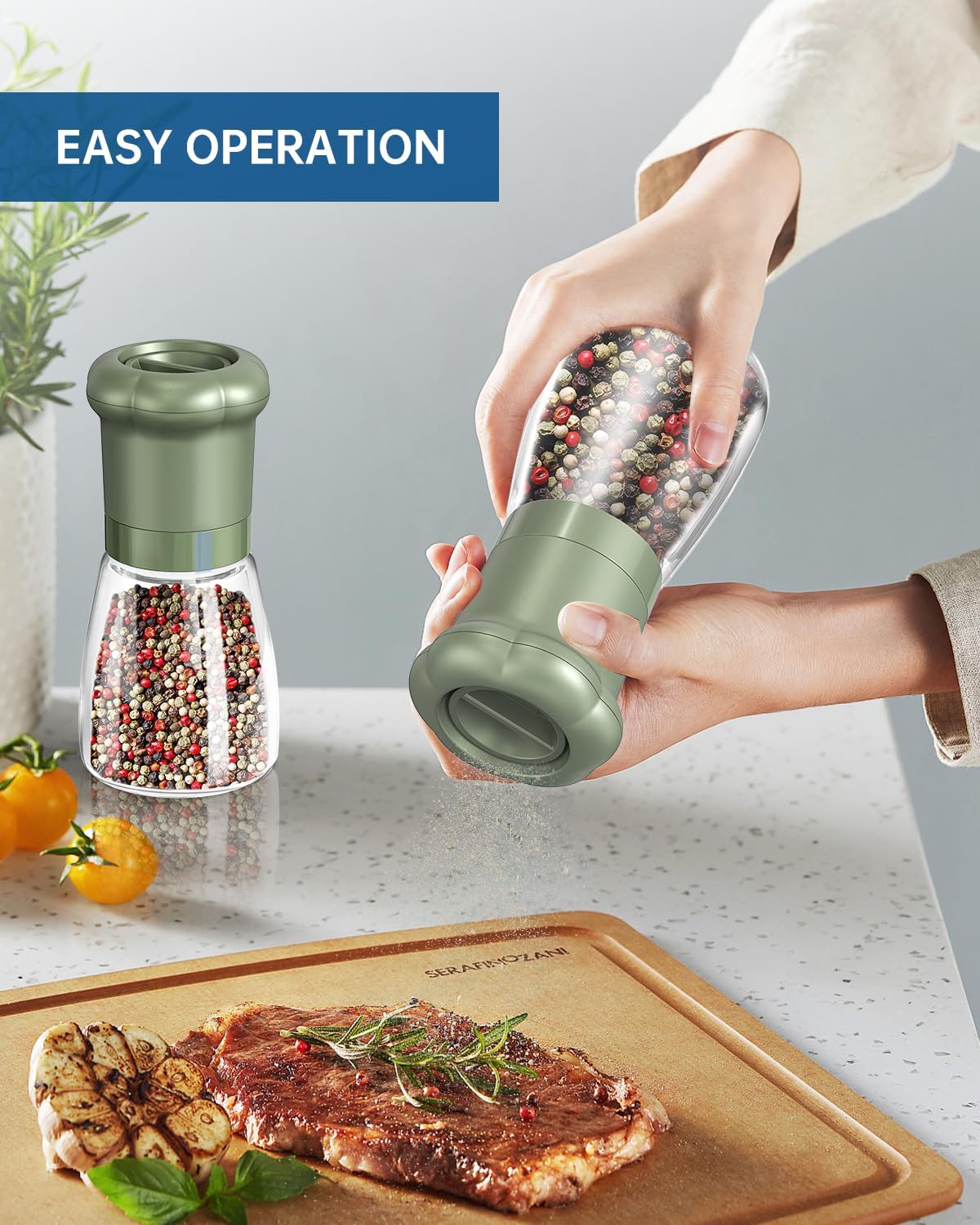 CIRCLE JOY Manual Salt and Pepper Grinder Set For Professional Chef, Refillable Salt and Pepper Shakers with Ceramic Blades, Adjustable Coarseness and BPA-free 180ml Glass Container, Short Green