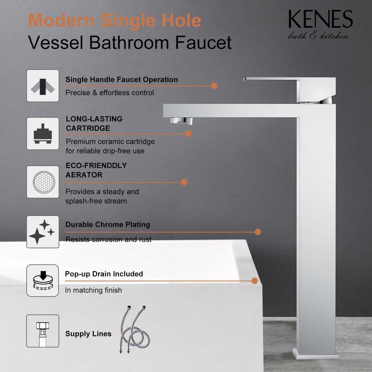 KENES Chrome Bowl Vessel Sink Facuet Single Handle Tall Bathroom Sink Faucet Bathroom Vanity Faucet Basin Mixer Tap with Water Supply Lines and Pop Up Sink Drain, LJ-9031A-5