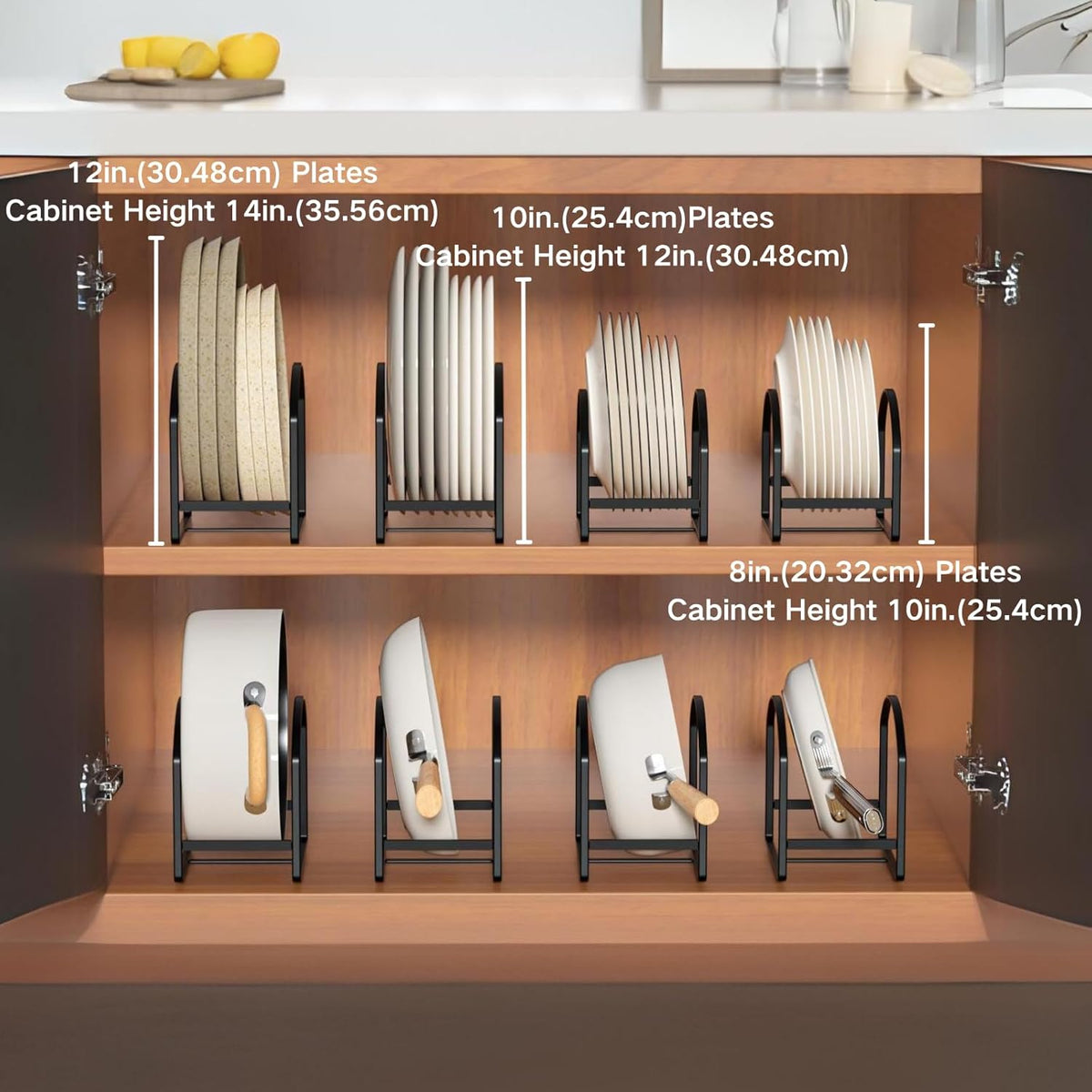 LINFIDITE 2 Pack Kitchen Plate Holder Organizer for Cabinet Space Saver Dinner Dish Plate Storage Rack Upright Dish Drying Racks Metal Dish Racks Stand for Cupboard and Countertop Large Black