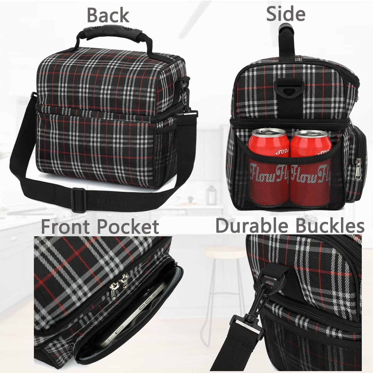 FlowFly Double Layer Cooler Insulated Lunch Bag Adult Lunch Box Large Tote Bag for Men, Women, With Adjustable Strap,Front Pocket and Dual Large Mesh Side Pockets