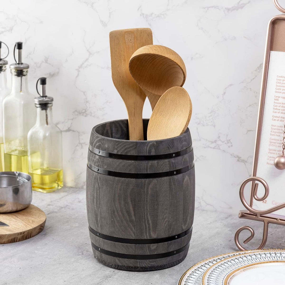 MyGift Wine Barrel Design Kitchen Utensil Crock, Vintage Gray Solid Wood Cooking Tool Holder