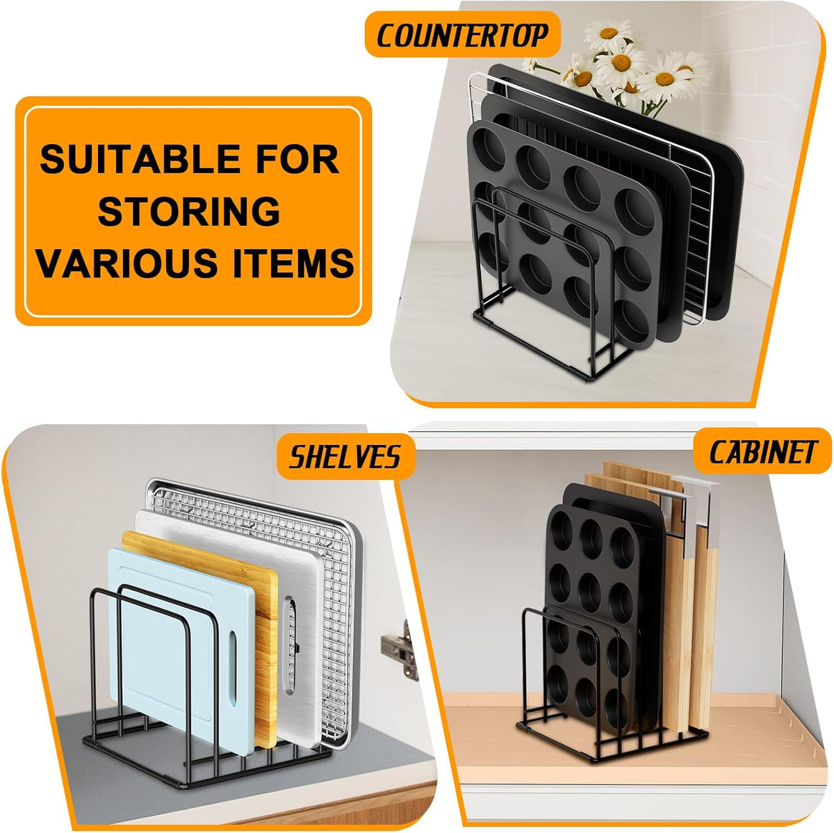 Kitchen Organizer Rack - 5-Slot Heavy-Duty Cutting Board and Bakeware Holder, Rust-Resistant with Anti-Slip Feet for Countertop or Cabinet Storage