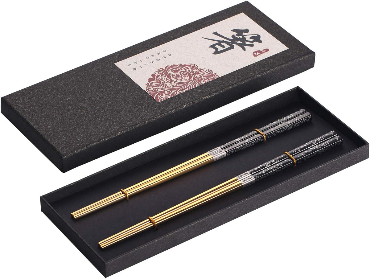 Chopsticks Reusable Titanium Plated Metal Chopsticks 304 Stainless Steel Chopstick Dishwasher safe Japanese Korean lightweight Engraved Anti-slip Chop sticks for Eating 2 Pairs Gift Set Black Gold