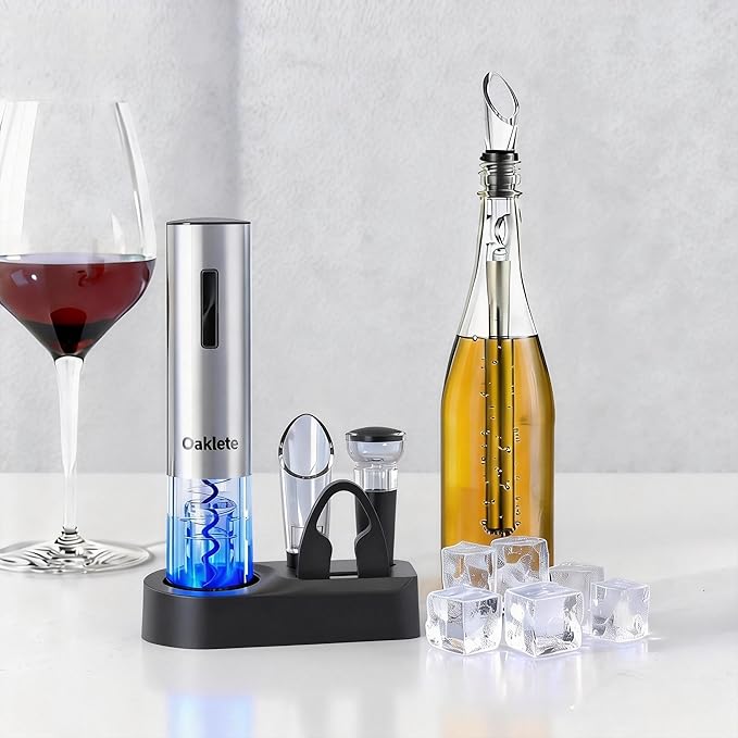 Rechargeable Electric Wine Opener Set with 3-in-1 Stainless Steel Bottle Cooler - Automatic Corkscrew, Wine Chiller，Vacuum Sealer, Foil Cutter, Pourer, Cool your wine for its flavor,Valentine gift