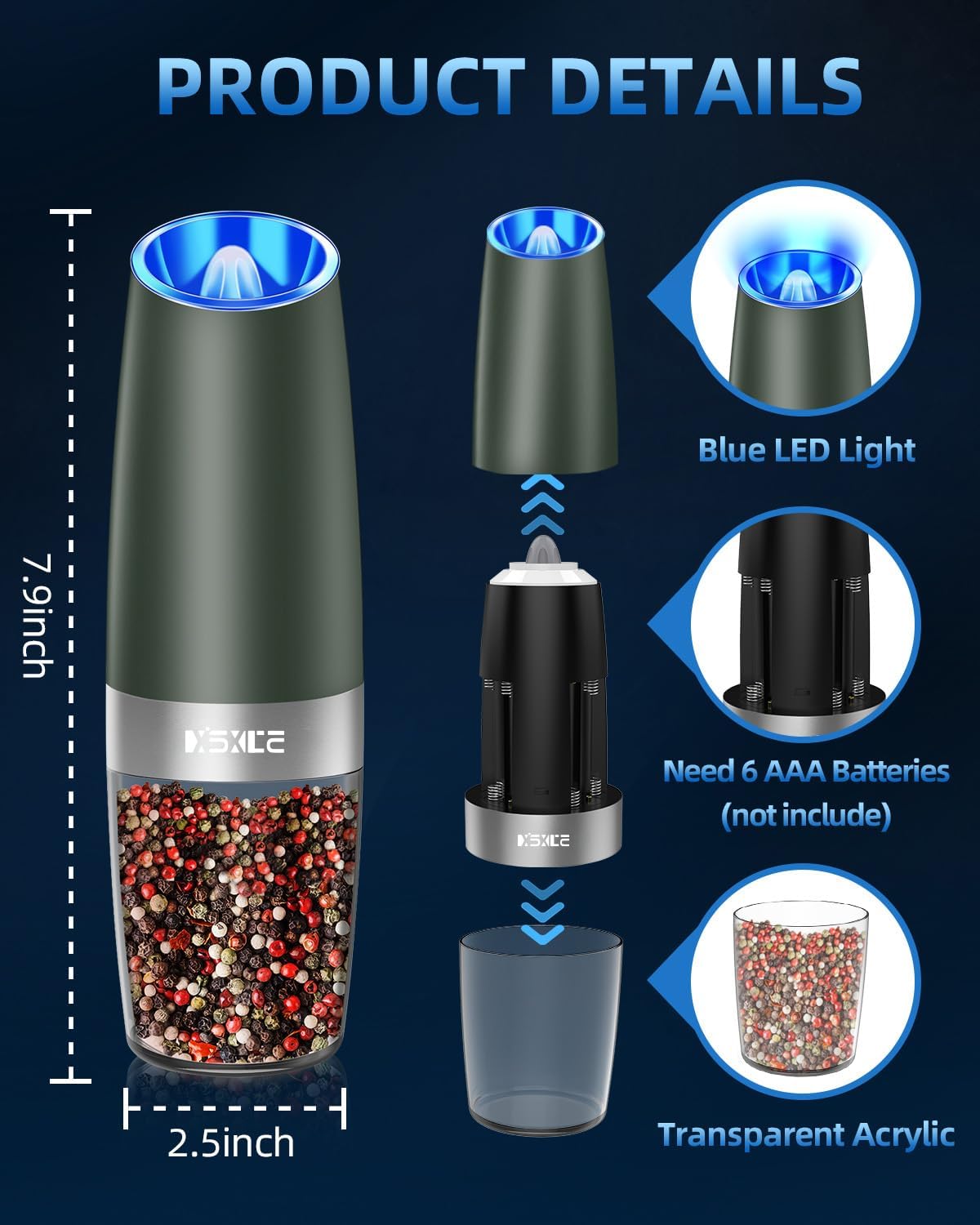 XinXu Gravity Electric Pepper and Salt Grinder Set, Adjustable Coarseness, Battery Powered with LED Light, One Hand Automatic Operation, Dark Green - 2 Pack