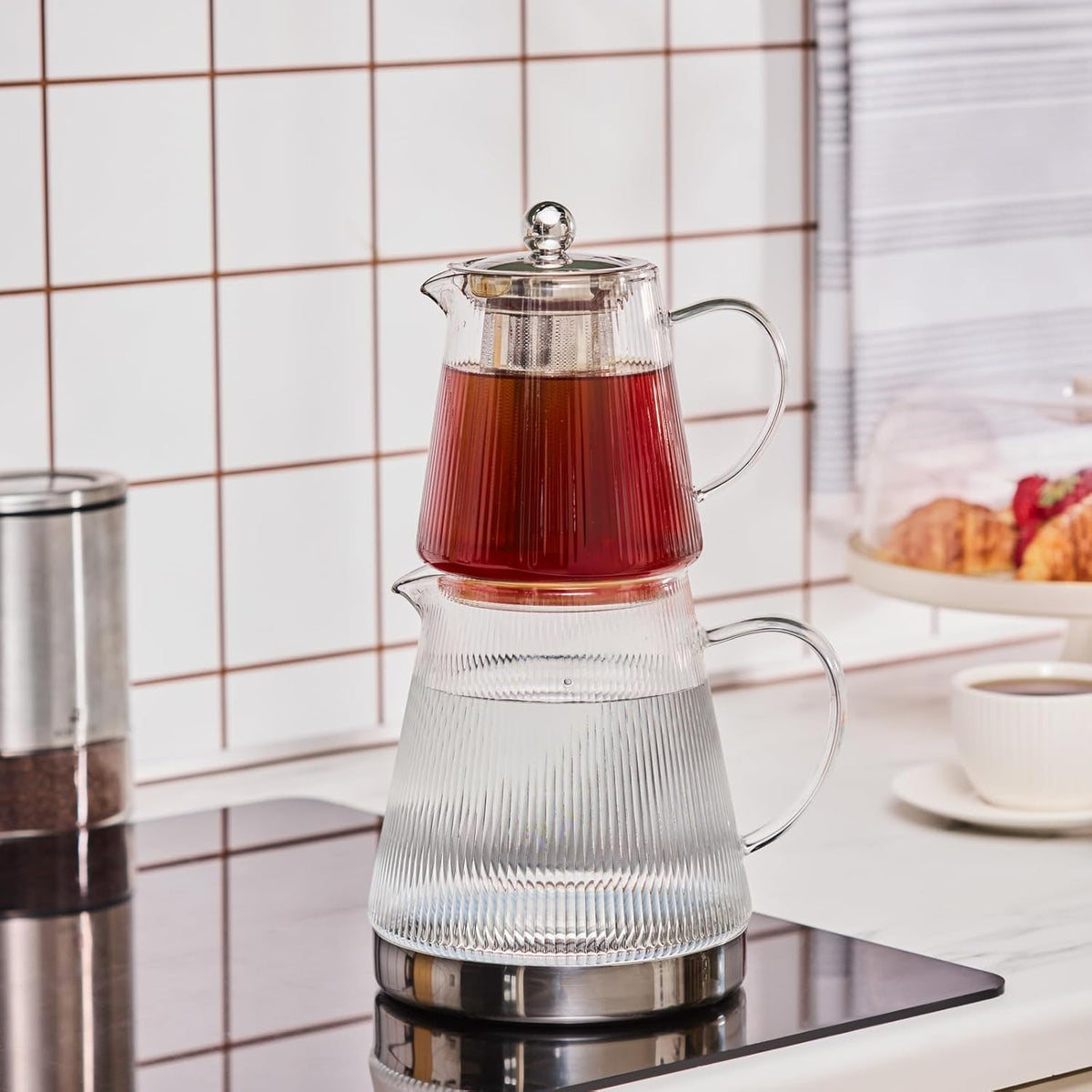 Karaca Keops XL Borosilicate Glass Teapot with Infuser and Lid for Stovetop, Transparent Silver, 1L Tea Pot & 2L Tea Kettle Set for Loose Leaf & Herbal, Dishwasher Safe