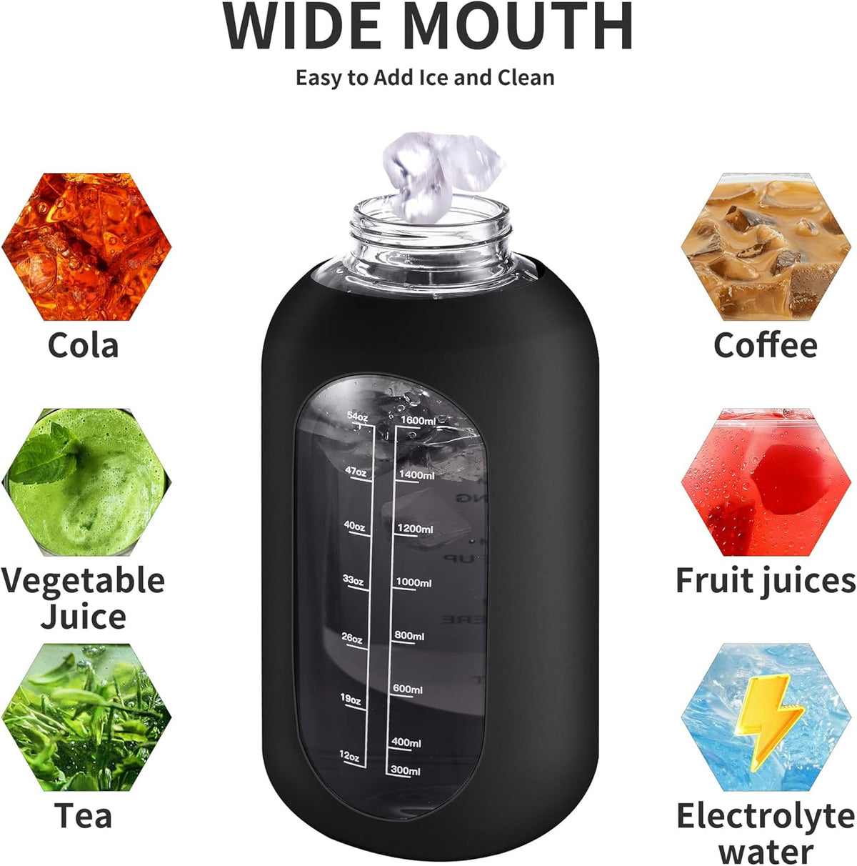 CIVAGO 32 oz Glass Water Bottle with Straw and Handle, Large Sports Motivational Water Bottle Flask with Time Marker and 2 Lids, Leakproof Water Jug Canteen with Silicone Sleeve for Gym,Black