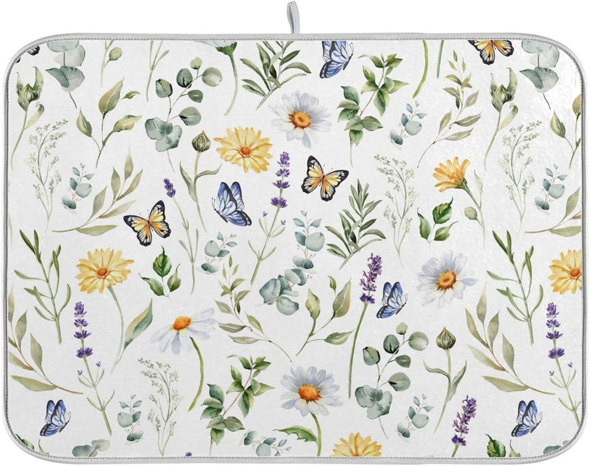 Wildflowers Butterflies Botanical Leaves Dish Drying Mat for Kitchen Counter Absorbent Microfiber Drying Pad, Large 18x24 in, Reversible Drainer Mats
