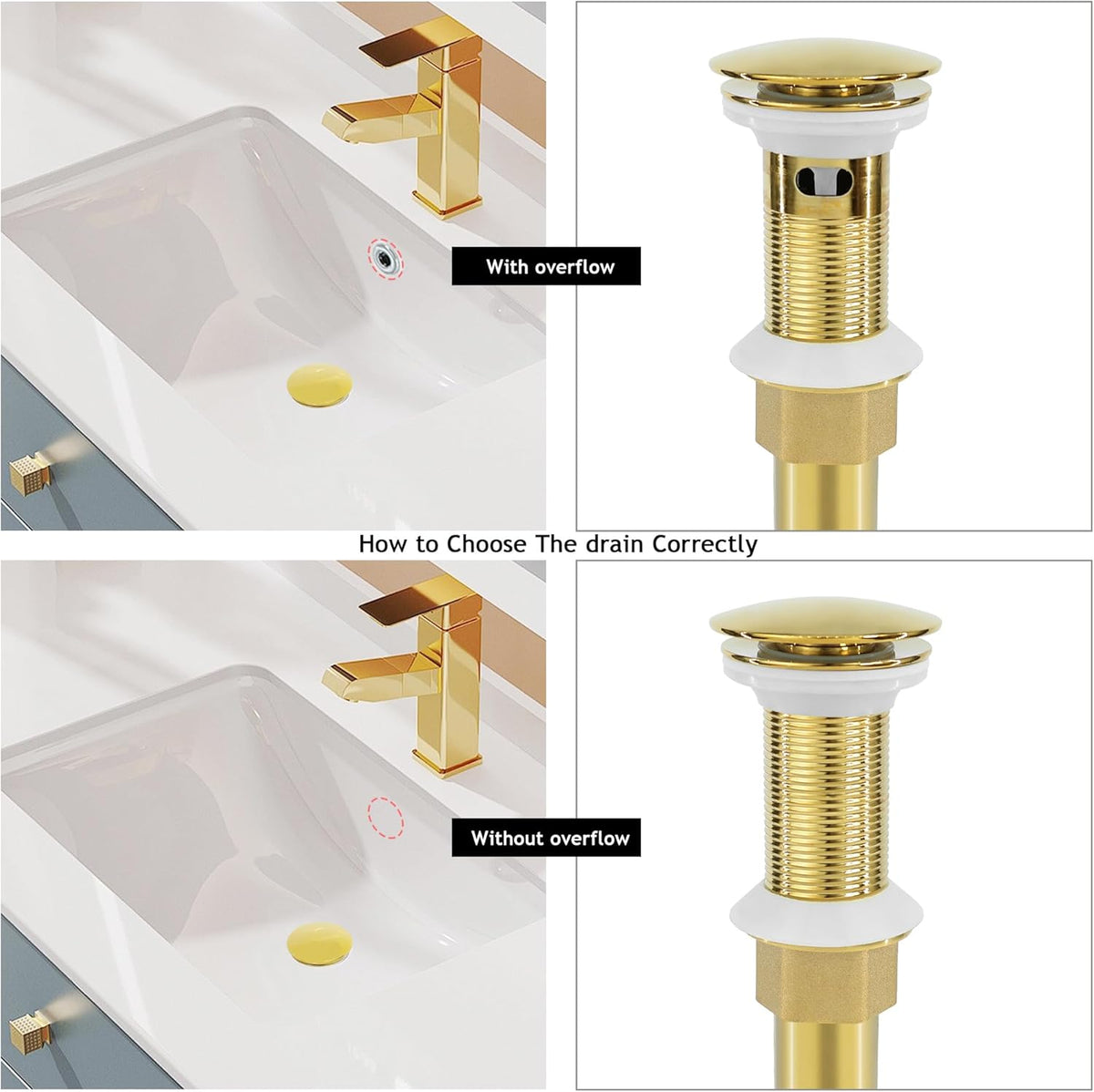 Bathroom Sink Drain, 4 Pack Gold Drain Stopper Without Overflow,Pop Up Drain Assembly Without Detachable Strainer Basket,Built-in Anti-Clogging Strainer,Stainless Steel