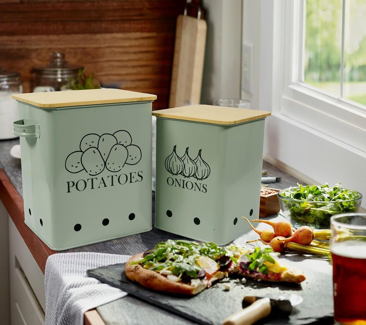 Kitchen Vegetable Storage Tins Set of 2 for Potatoes, Onion, with wooden lid Garlic Bin Caddy, Long Shelf Life-Grayish Green
