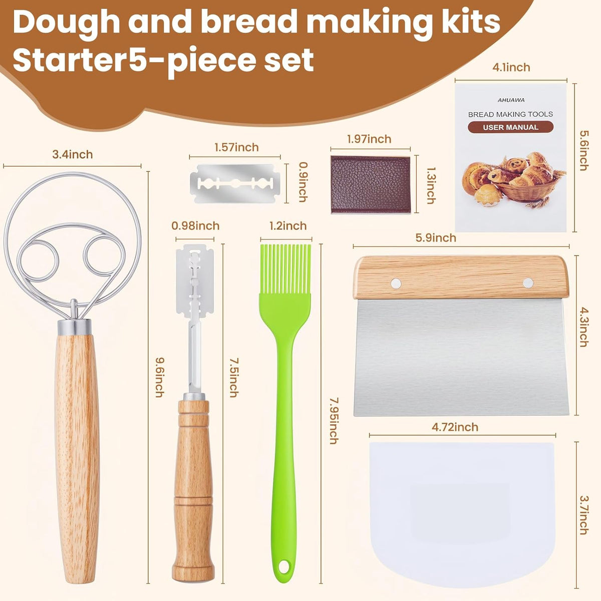 Danish Dough Whisk with Sourdough Scoring Tool, Bread Making Tools and Baking Supplies - Dough Hook Dutch Whisk, Bread Lame, Bench Scraper & Pastry Brush