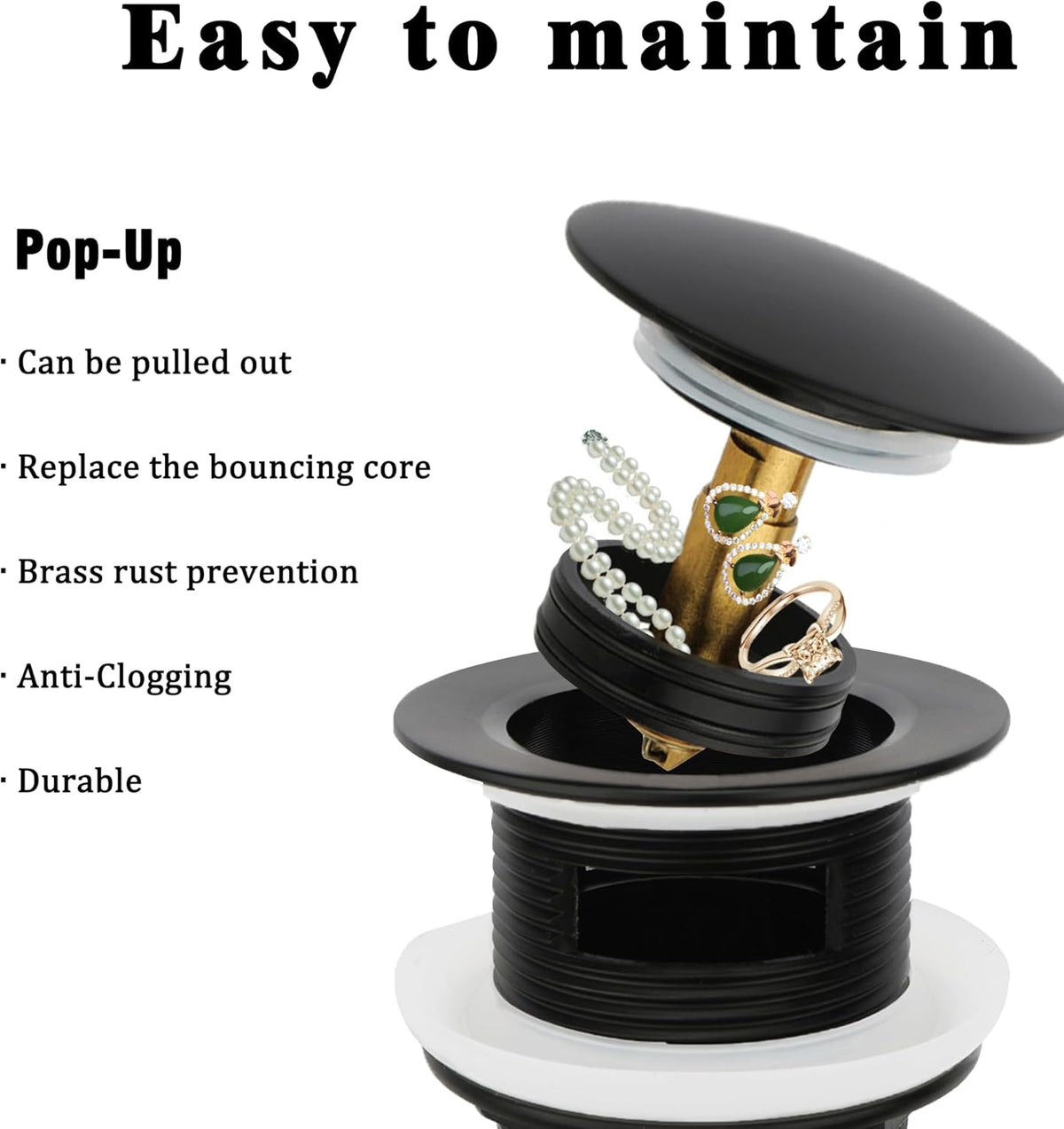 Freestanding Tub Drain (Brass), Pop Up Bathtub Drain Kit, Removable Filter Basket Drain Plug, Freestanding Tub Drain Kit, with Replaceable Pop-Up Bolt (Black)