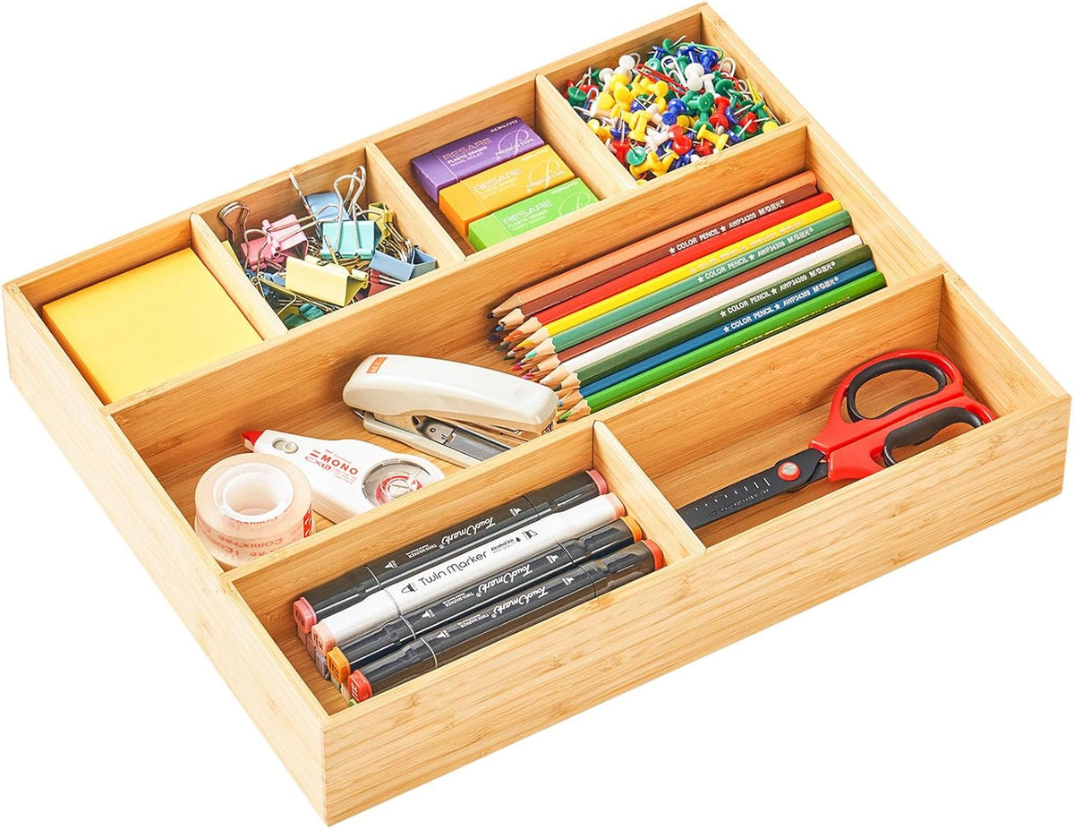Umilife Large Bamboo Desk Drawer Organizer, Wood Junk Organizer Tray with Adjustable Dividers, Anti-Skip Storage Organization in Office Bathroom Drawer for Vanity, Makeup, 15" x 12"