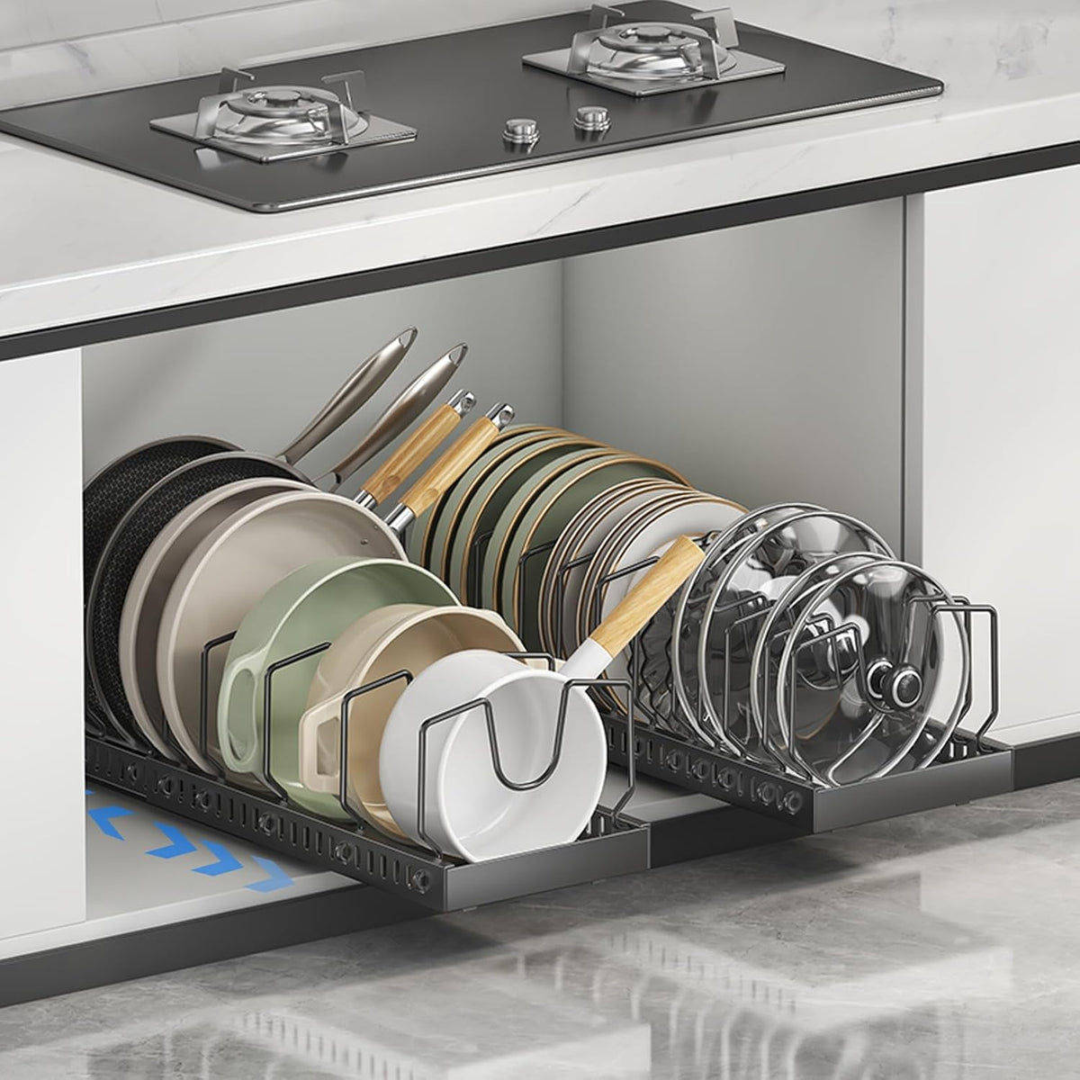 2 Pack Expandable Pots and Pans Organizer Under Cabinet, Sliding Pot Lid Holder and Pan Rack in Kitchen, Pull out Kitchen Cabinet Storage, with 10 Adjustable Dividers