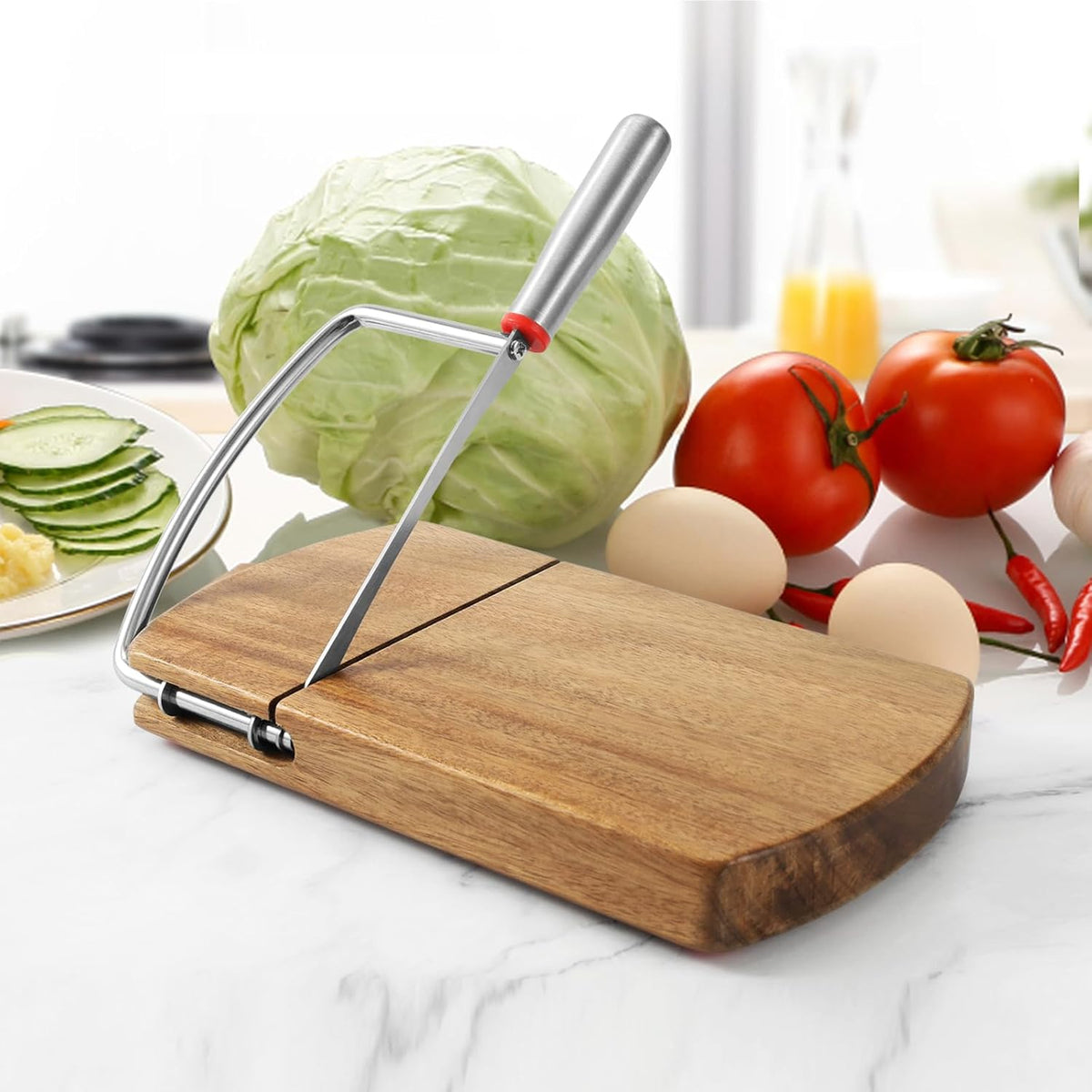 Multipurpose Cheese Slicer Cutter, Acacia Wood Cheese Slicers Board with Blade for Block Cheese, Effortless Slicing, Guillotine Sausage Ham Biltong Jerky Slicer