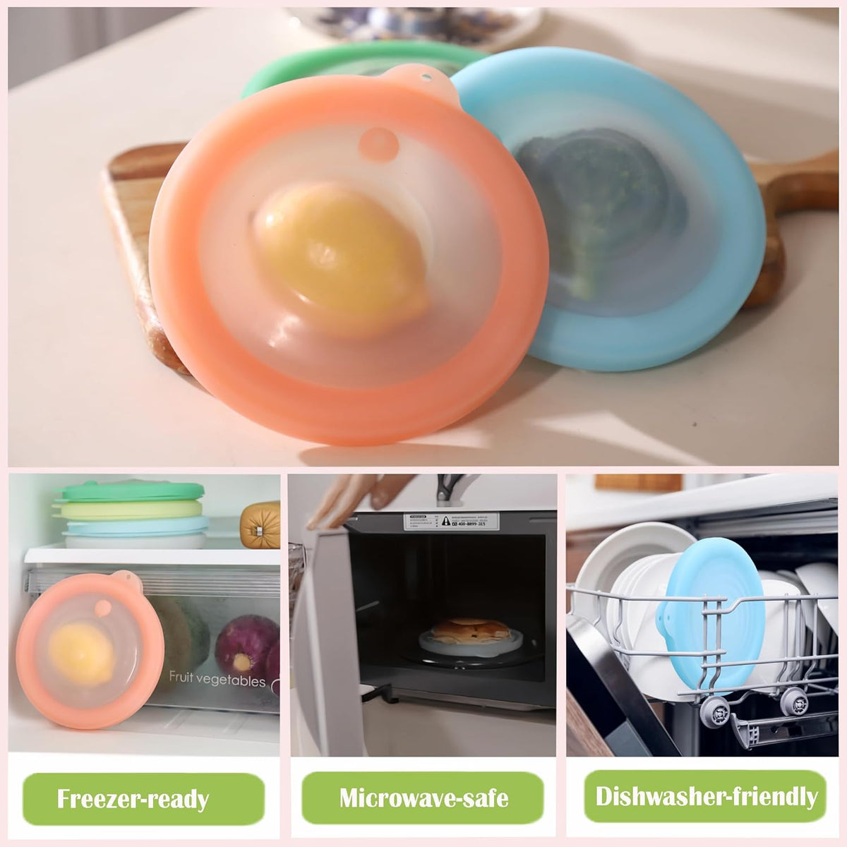 Silicone Reusable Vacuum-Seal Storage Containers for Fridge,Fresh Fruit,Vegetables,Garlic,Onions,Lemons,Potatoes,Meat,for Microwave Oven Heating,Freezer,Dishwasher,Avocado Saver,Tomato Holder,5 Pack