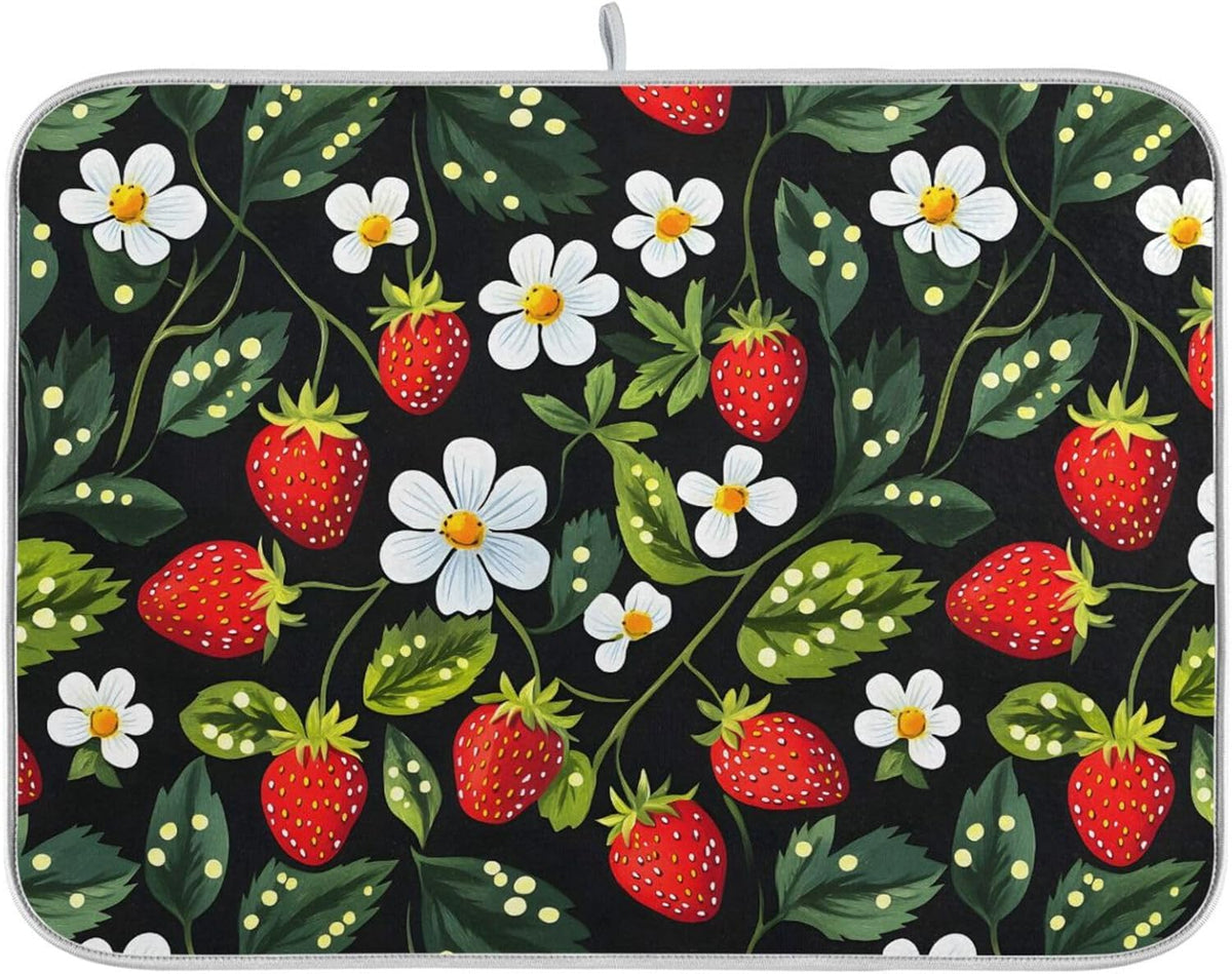 Strawberries White Flowers Dish Drying Mat for Kitchen Counter Absorbent Microfiber Drying Pad, Large 18x24 in, Reversible Drainer Mats