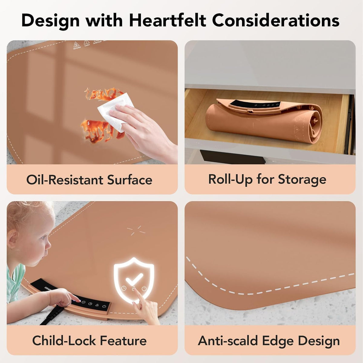 Food Warming Mat, Electric Warming Tray for Buffets & Parties, Silicone Heating Mat for Food with 9 Temperature Settings, Roll-Up Storage, 25.8"x15.6", Brown