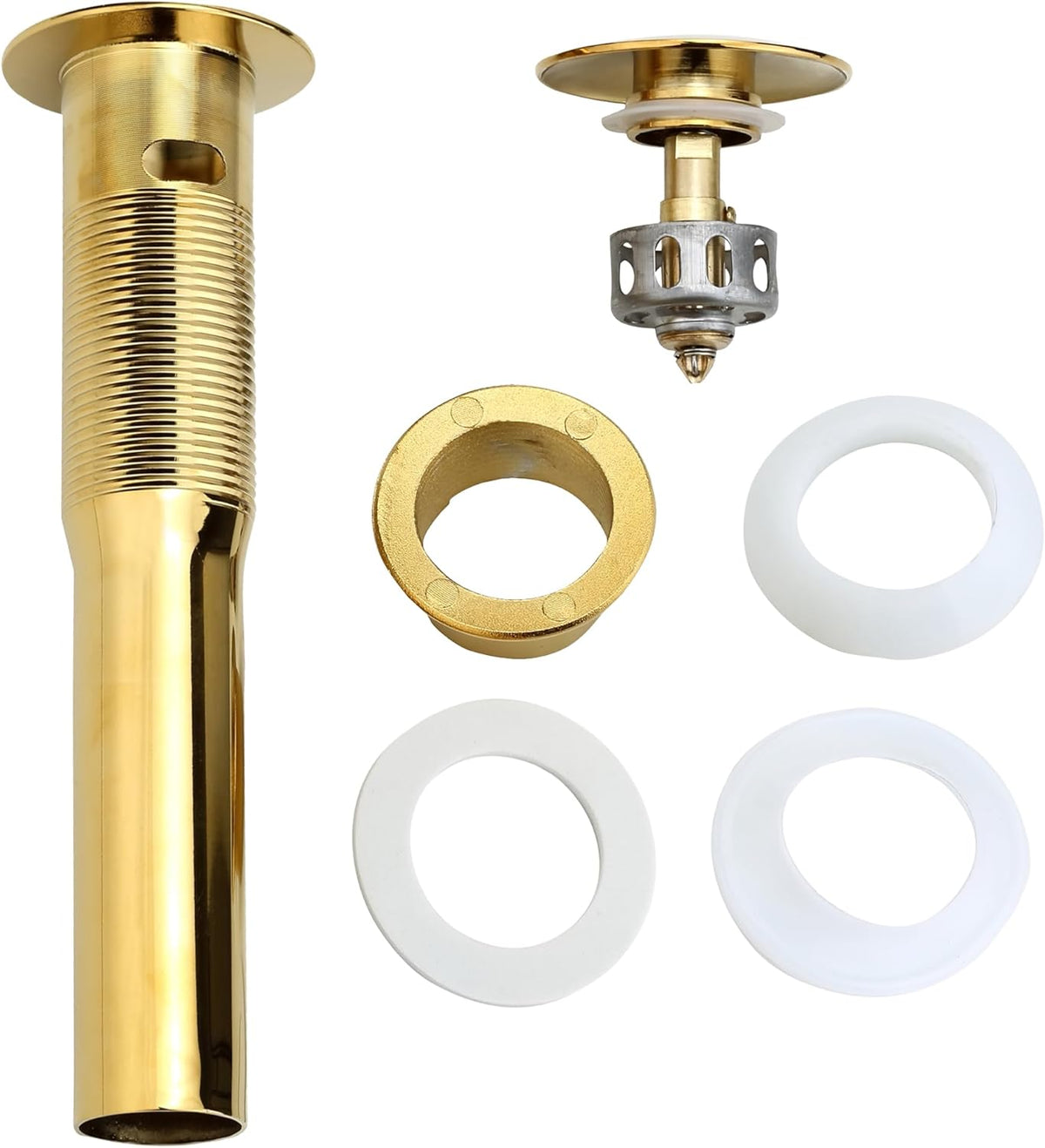 Bathroom Sink Drain, Gold Drain Stopper Bathroom Sink with Overflow,Pop Up Drain Assembly with Detachable Strainer Basket,Built-in Anti-Clogging Strainer,Stainless Steel